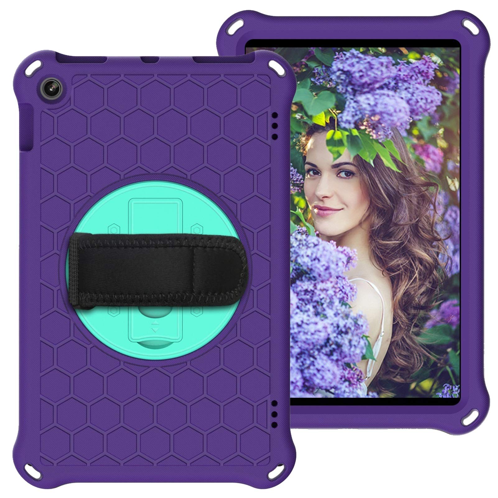 GUOHUI Protective Tablet PC Cover Case for Amazon Kindle Fire HD 10" Tablet Case 2018/2017/2019,with Rotating Stand,Rugged Duty,Shockproof Rotating,Hand Grip, Shoulder Belt (Color : Purper+Aqua)