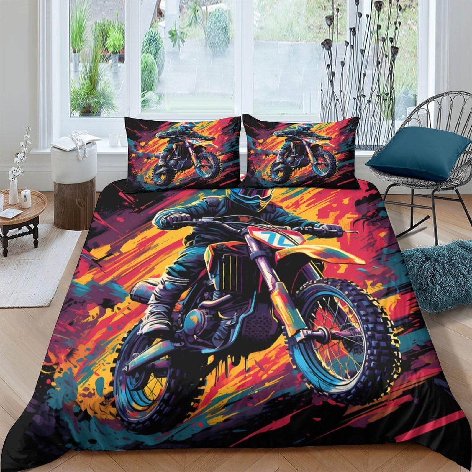 GPLZQXKJNH 3D Printed Motorcycle Fire Duvet Cover Set Microfiber Soft Breathable Racing Bedding Set with 2 Pillowcases for Bedroom Decor Single（135x200cm）