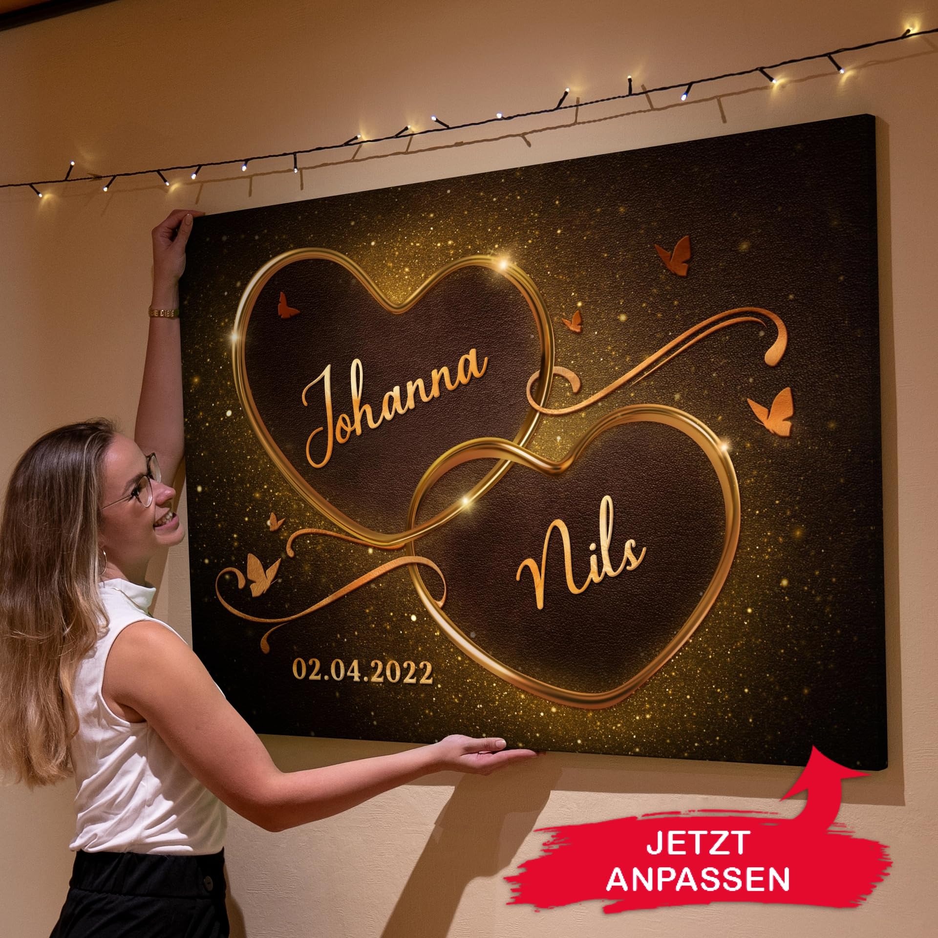 Liebesleinwand Personalisierte Geschenke | Leinwandbild Geschenk für sie und ihn zum Geburtstag, Hochzeitstag, Jahrestag gestalten | Funkelnde Herzen