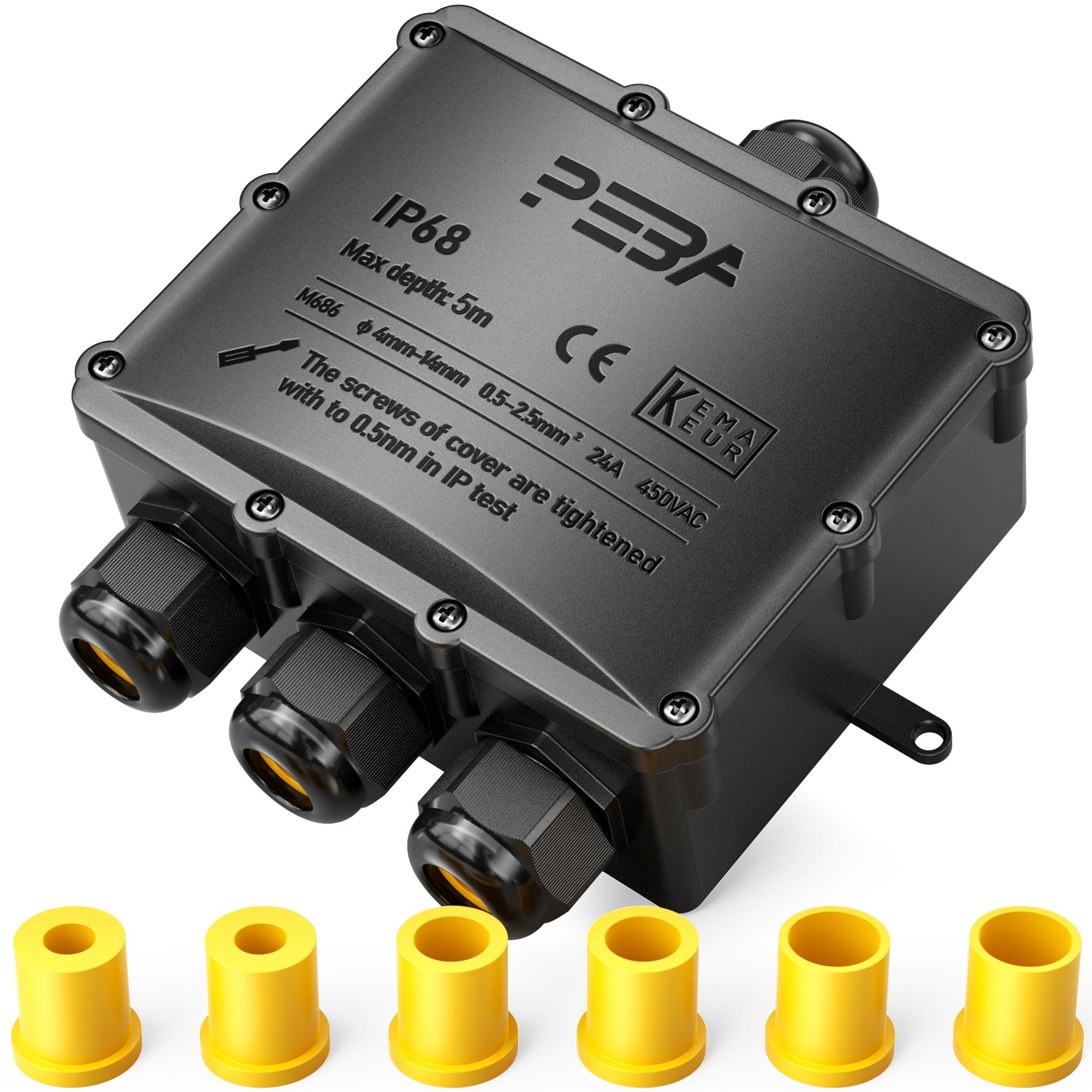Peba Black Ip68 Waterproof Junction Box, Waterproof Cable Connector Outdoor, Big 4-Way Outdoor Cable Connectors, Wire Connector, Extension Electrical Cable Protector For Cable Diameter 4 Mm-14 Mm