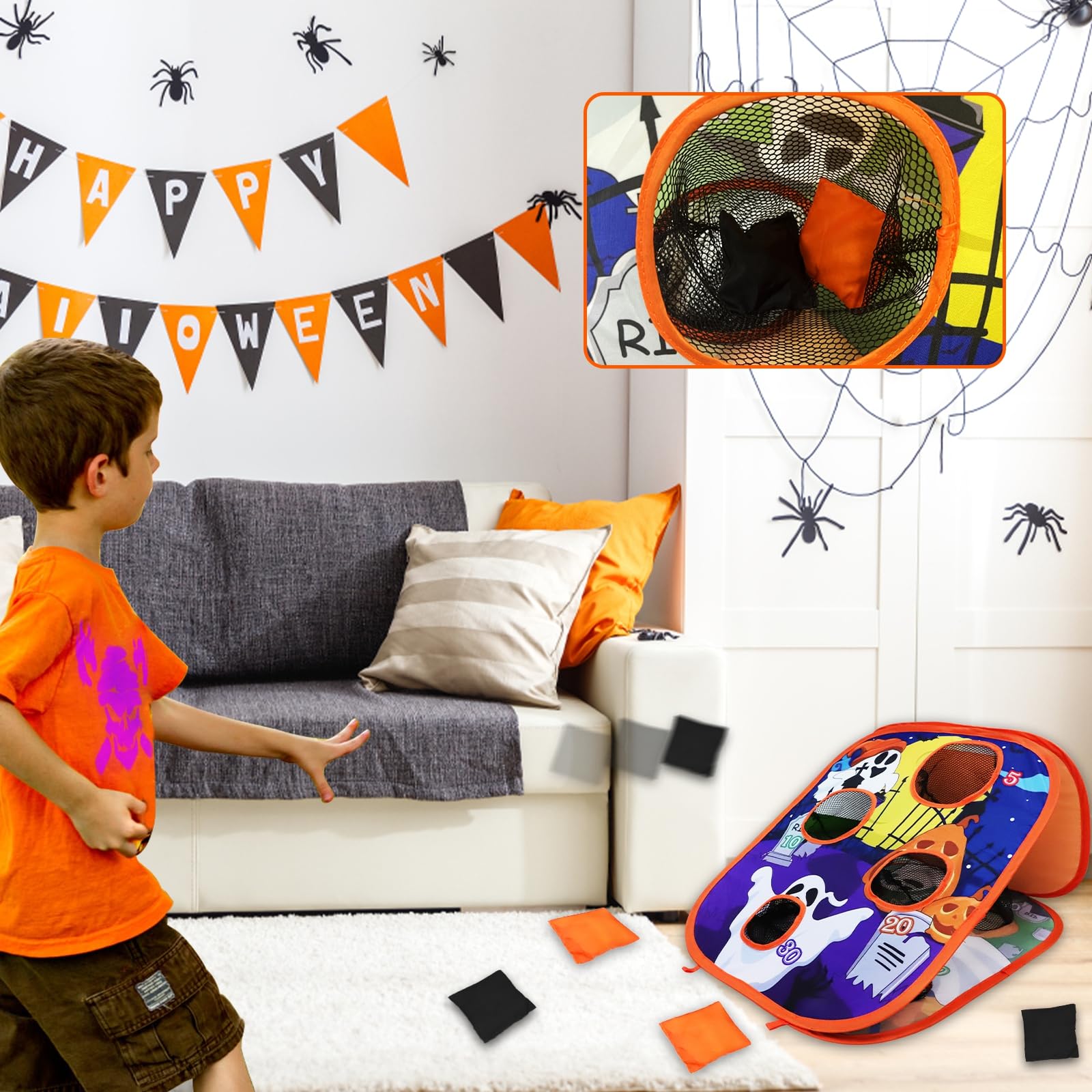 Halloween Party Games for Kids Adults Halloween Bean Bag Toss Game Ghost Double-Sided Board Cornhole 4 Score Holes Halloween Decorations Party Favors Yard Outdoor Indoor Toys Spooky Game (6 Bean Bags)