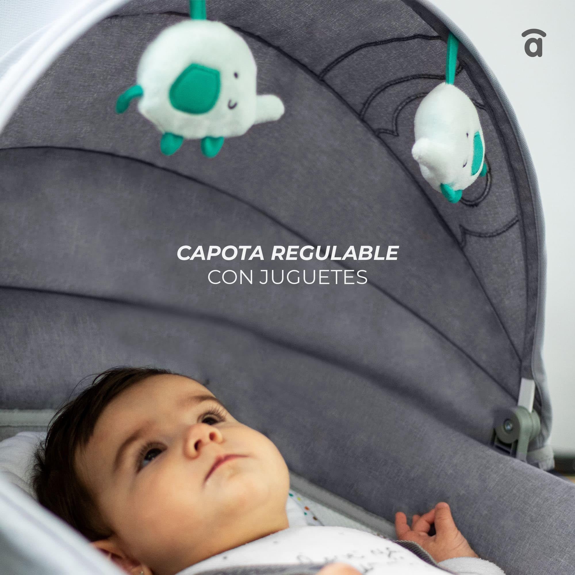 Asalvo Kahlo Hamaca Balancín con Música y Bluetooth, Balanceo Automático 5 Niveles, Capota con Mosquitera, Juguetero con 2 Juguetes, reposa Cabezas, Desde 0 Meses hasta 9 Kg, Textil Lavable, Gris