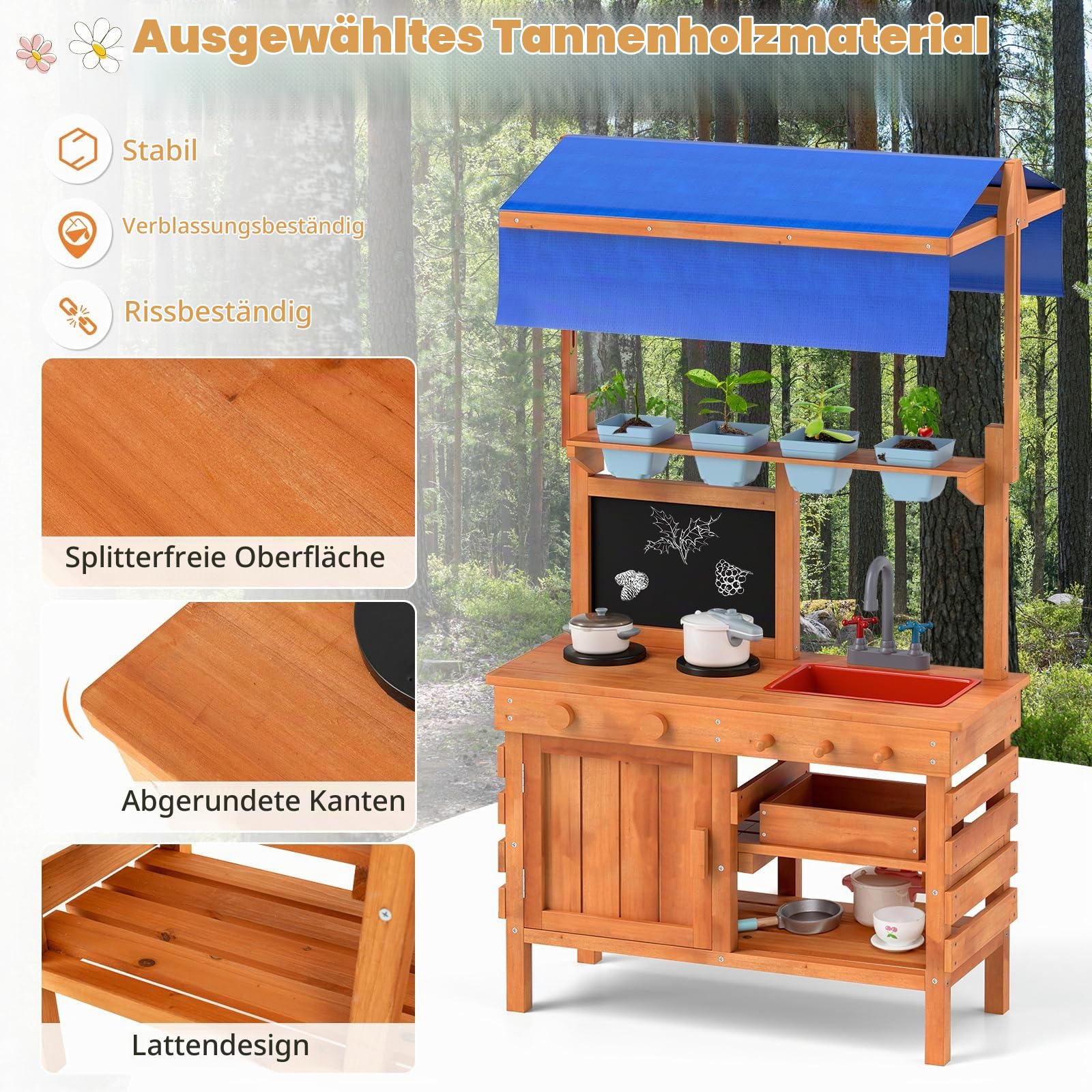 FANTASK Matschküche Kinder Outdoor, Kinderküche Holz mit Sonnendach & Tafel & Pflanzbechern & Schaufeln