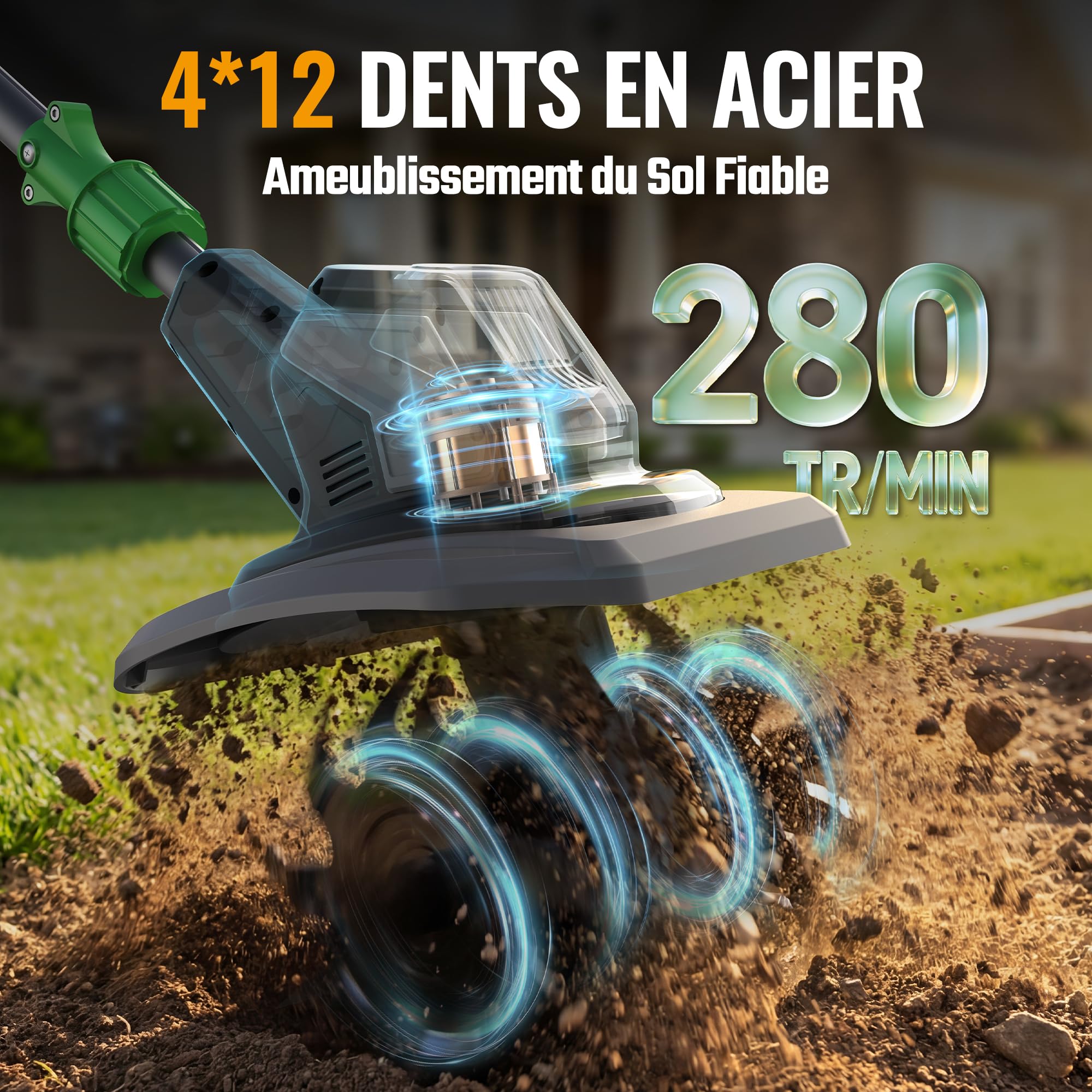 WORKPROX Motobineuse Électrique sans Fil 20V, Mini Cultivateur Électrique, Largeur/Profondeur 20 cm, 280 tr/min, Batterie 4,0 Ah, Légère 4,7 kg, Cultivateur Compact pour Jardin et Entretien du Sol