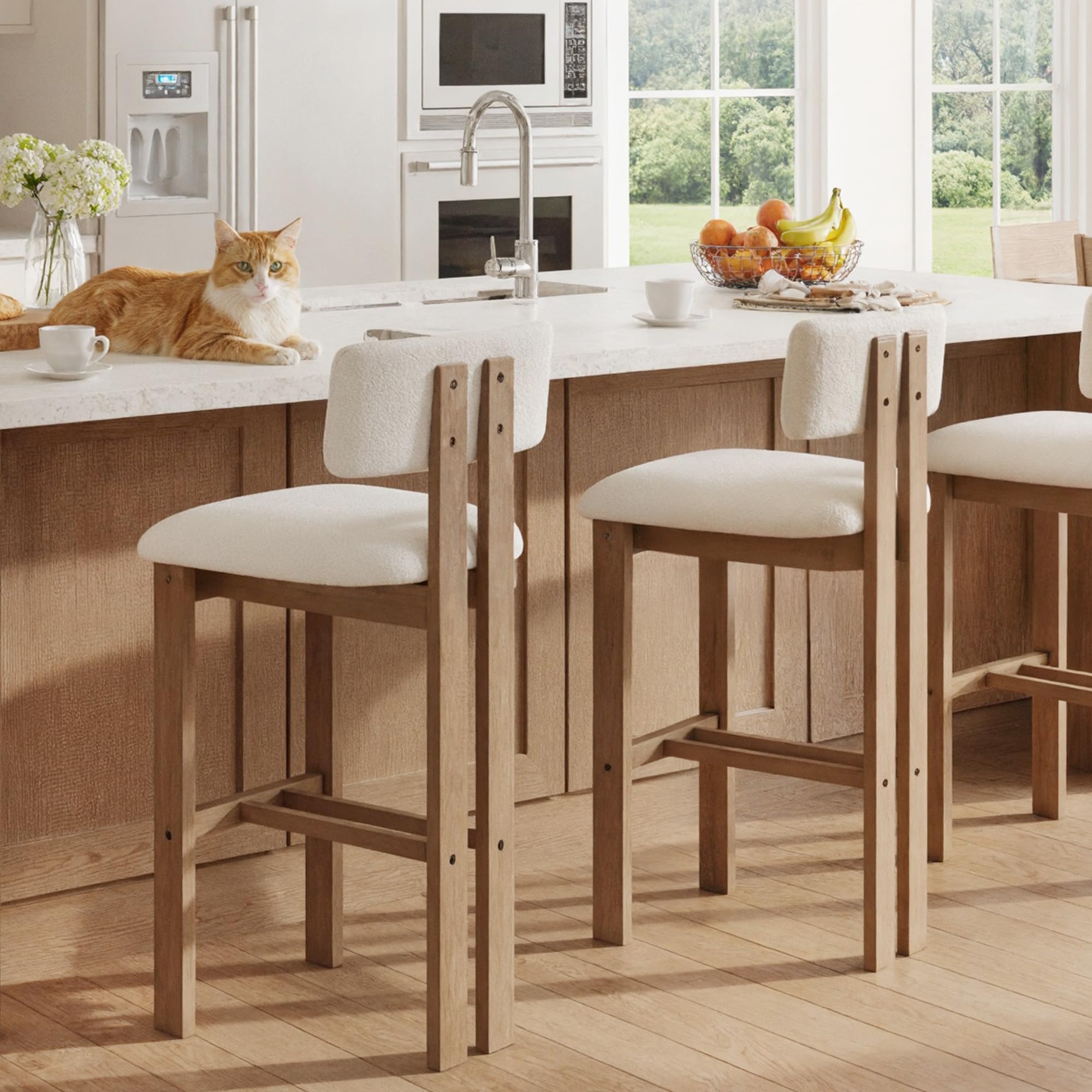 HNY 30 Inch Farmhouse Counter Stools Set of 2 with Curved Back, Modern Sherpa Boucle Upholstered Counter Height Bar Stools, Tall Kitchen Bar Chairs