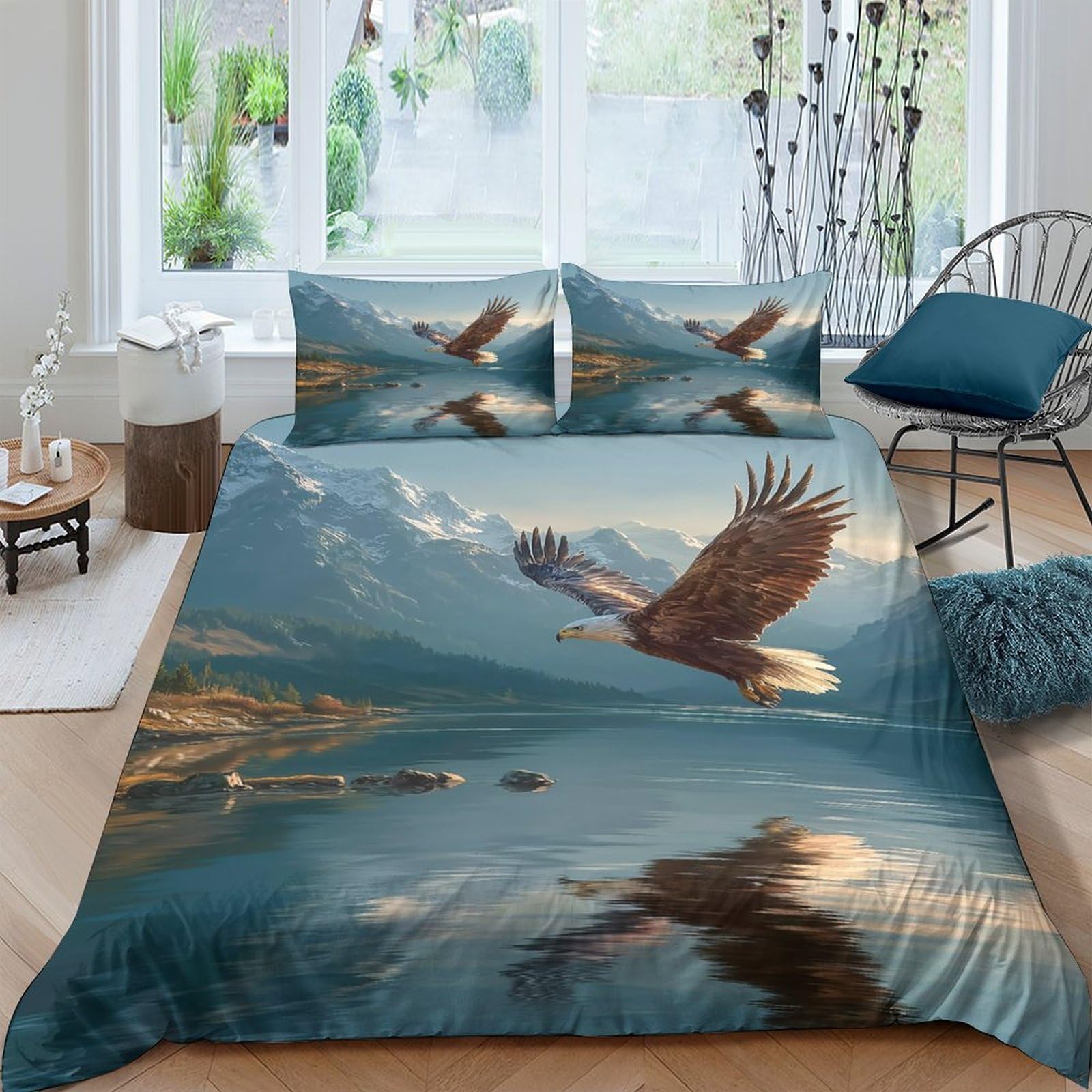 GPLZQXKJNH 3D Printed Eagle Lake Duvet Cover Microfiber Soft Mountain Sunrise Quilt Cover Set with 2 Pillowcases for Bedroom Decor Single（135x200cm）