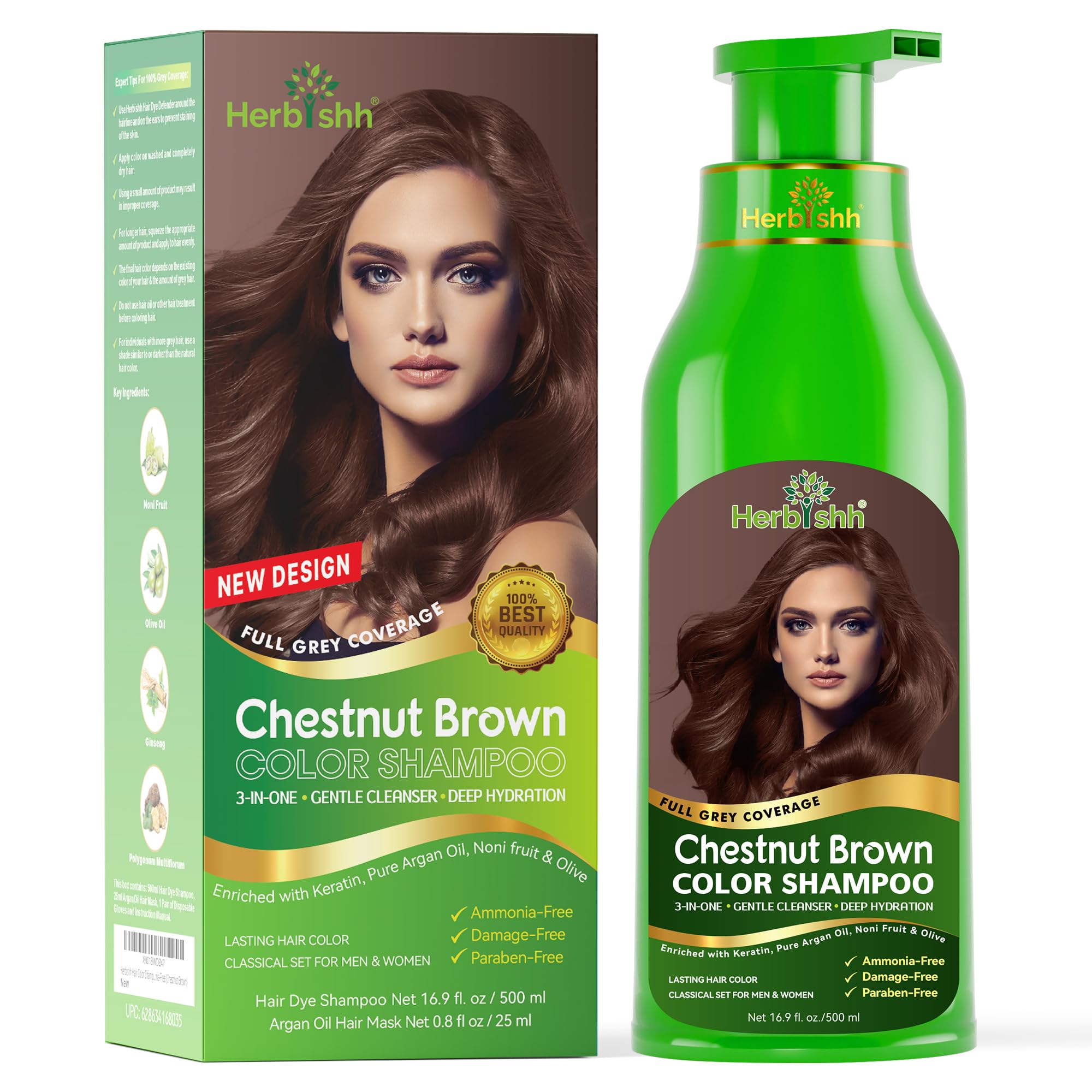 Herbishh Hair Color Shampoo For Gray Hair – Magic Hair Dye Shampoo – Colors Hair In Minutes–Long Lasting–500 Ml–3-In-1 Hair Color–Ammonia-Free | (Chestnut Brown)