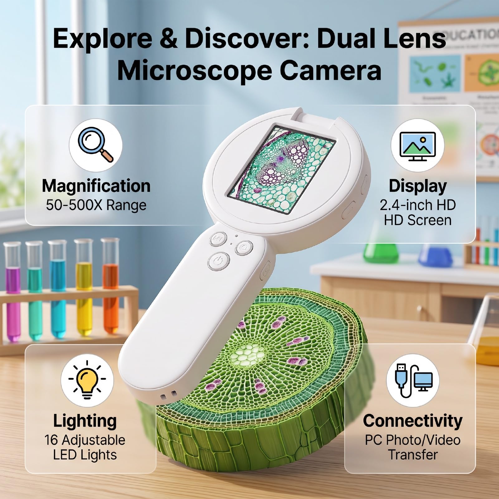Digitalmikroskop für, Dualobjektiv, 50-500X, 1080P (White)