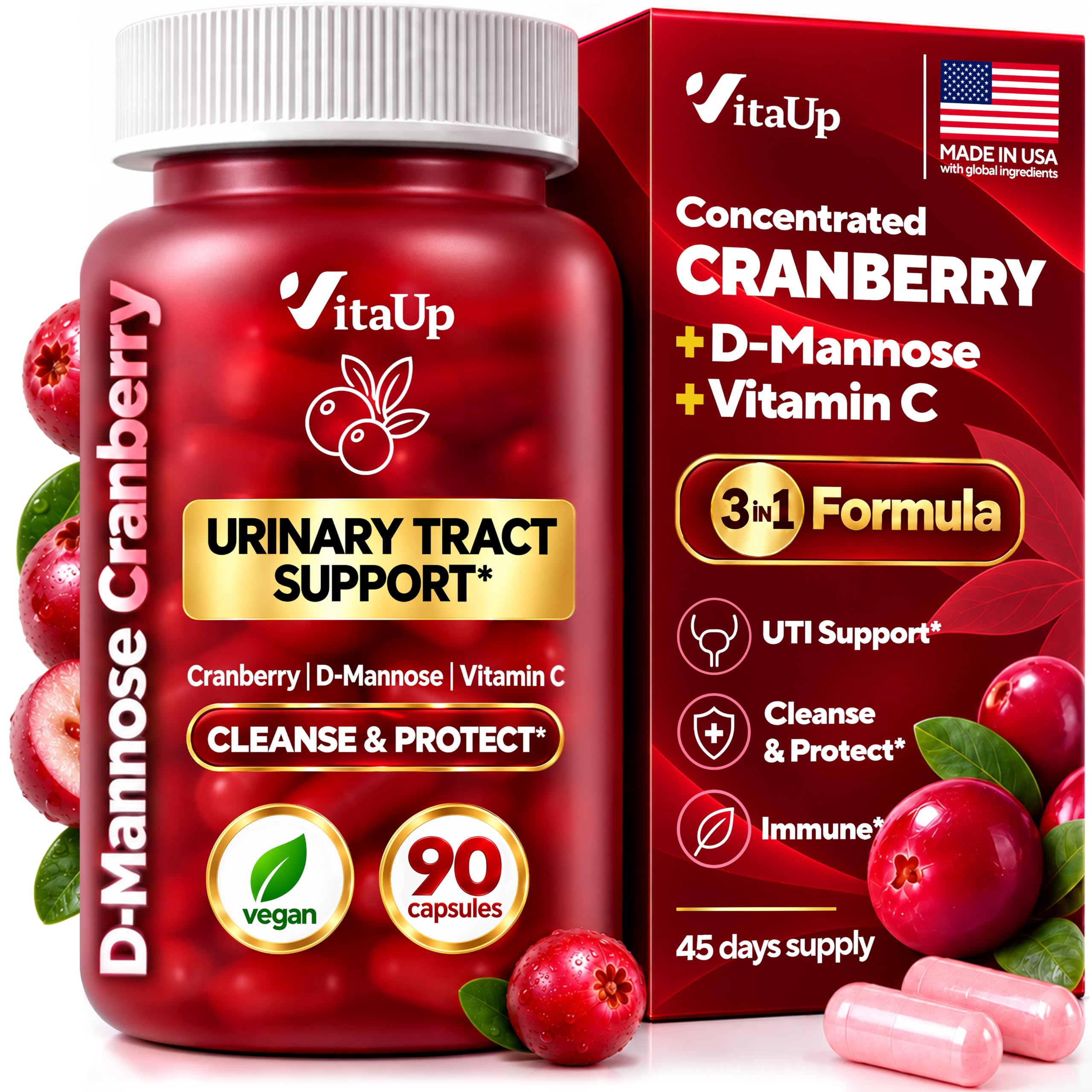 D Mannose with Cranberry Supplement for Women – Made in USA, Cranberry D Mannose & Vitamin C Supplement – 90 Vegan Capsules