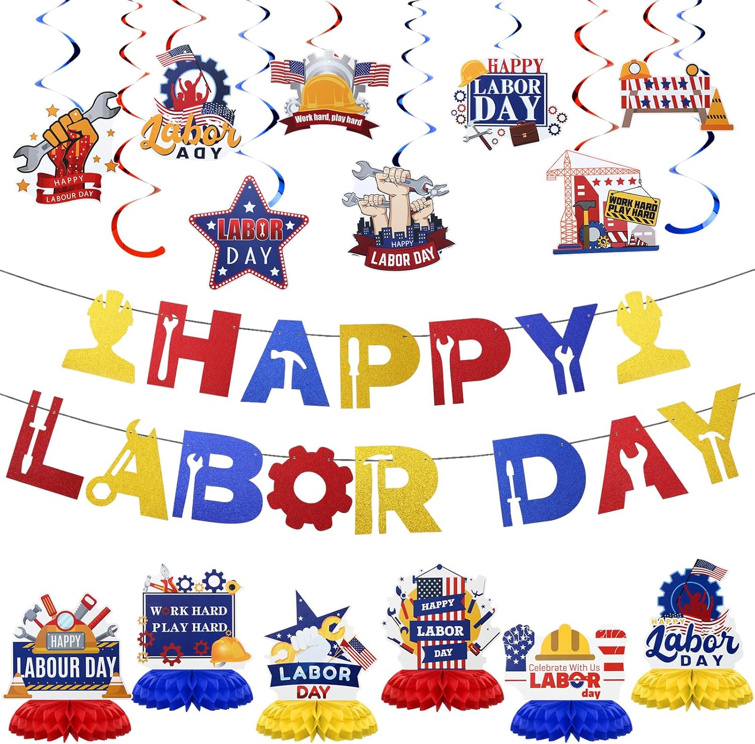 Lenwen 48 Pcs Happy Labor Day Decorations Set with 3D Labor