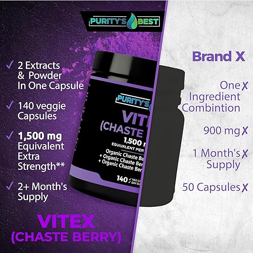 Miniatura 3 de Purity's Best VITEX (Chaste Berry) Polvo + 4X + 10x Extracto 1,500mg Eq. Por porción, apoyo de fertilidad y ciclo menstrual, apoyo para el