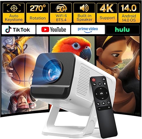 Mini Portable Projector for Bedroom with WiFi and Bi-directional Bluetooth 1080P 4K Support Smart Android 14 OS Auto Keystone Compatible with