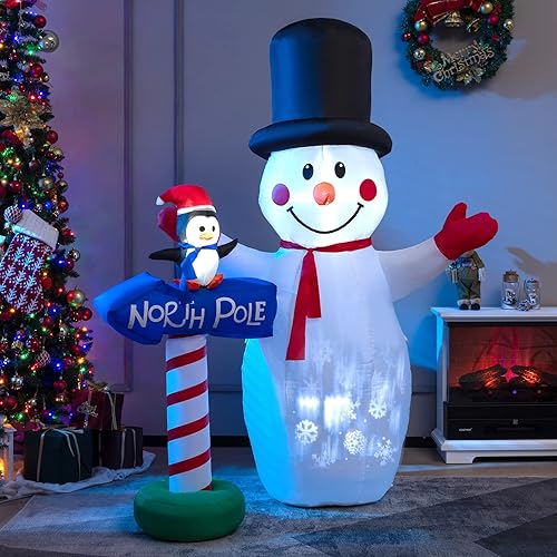Miniatura 3 de Tangkula Muñeco de nieve inflable de Navidad de 6 pies, decoración de Navidad inflable con poste guía de pingüino, letrero de poste norte, muñeco de