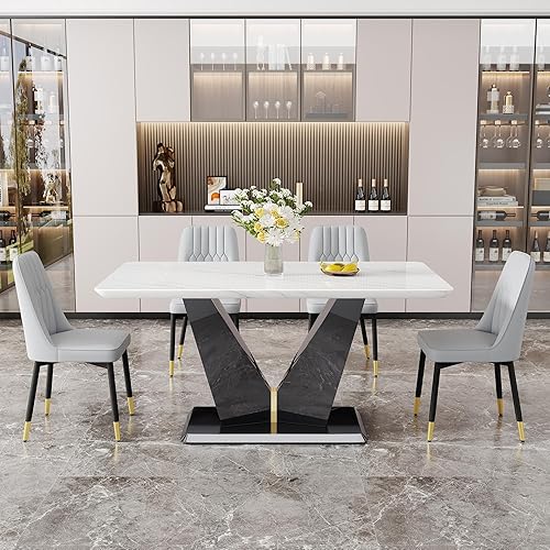 Miniatura 4 de Juego de mesa de comedor de 5 piezas, moderno juego de mesa de comedor de mármol para 4, juego de mesa de cocina blanca para 4, mesa rectangular y