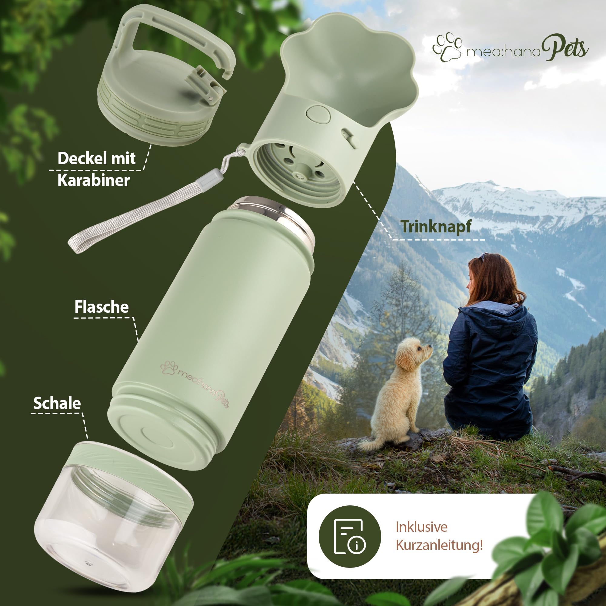 Pets Hundetrinkflasche für unterwegs mit Trinkdeckel & Aufbewahrung -Ideal für Reisen,Outdoor- Isolierte Edelstahl Flasche,Hundeflasche mit Futterbehälter - GRATIS Zusatz-Deckel mit Karabiner