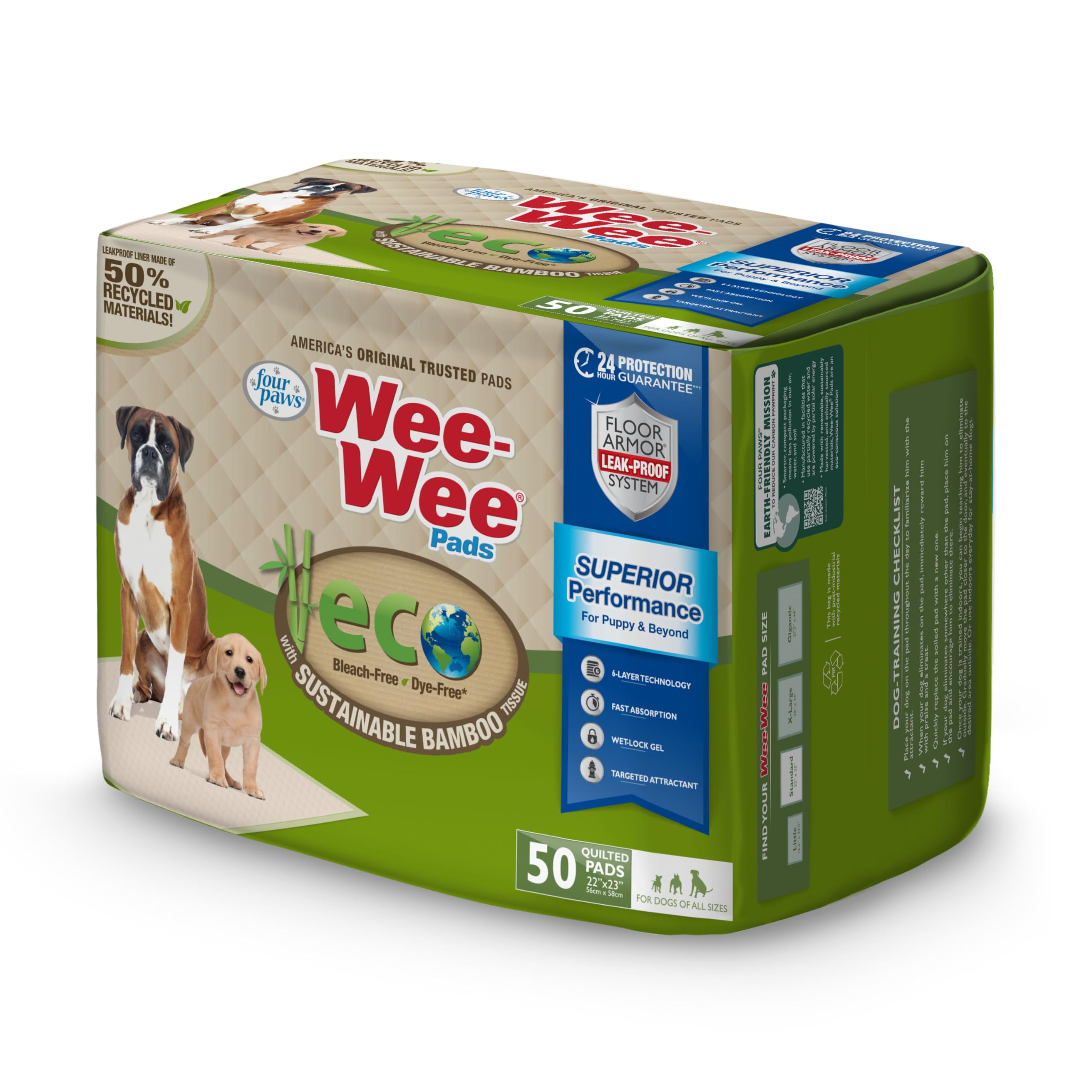 Four Paws Wee-Wee - Almohadillas de bambú para orina de Rendimiento Superior para Perros, Almohadillas de Entrenamiento para Perros y Cachorros, Forros para jaulas, Suministros de hogar, 22 x 23