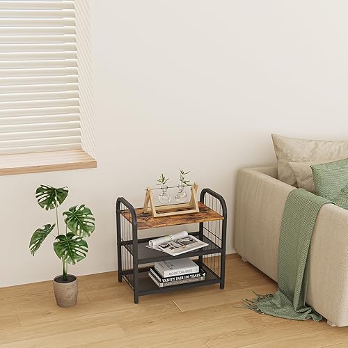 Miniatura 5 de Zapatero, organizador de zapatos de 3 niveles con barandillas, estantes de malla metálica resistente y parte superior de madera rústica para armario