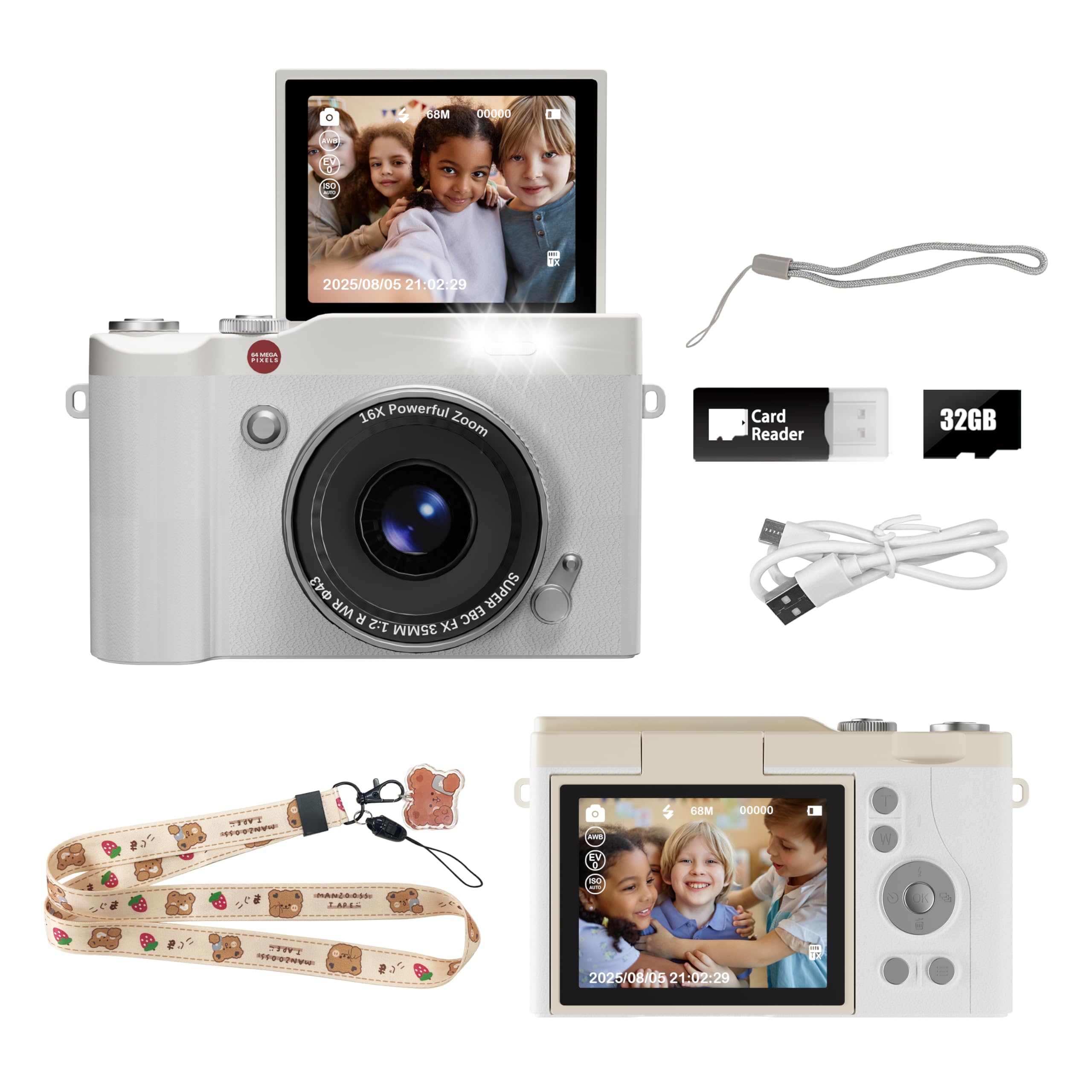 HEYMAO Kids Digital Camera 64MP 1080P 2.4" Flip Screen 32GB SD Card Boys and Girls Toys Camera Kids 3-12 Years