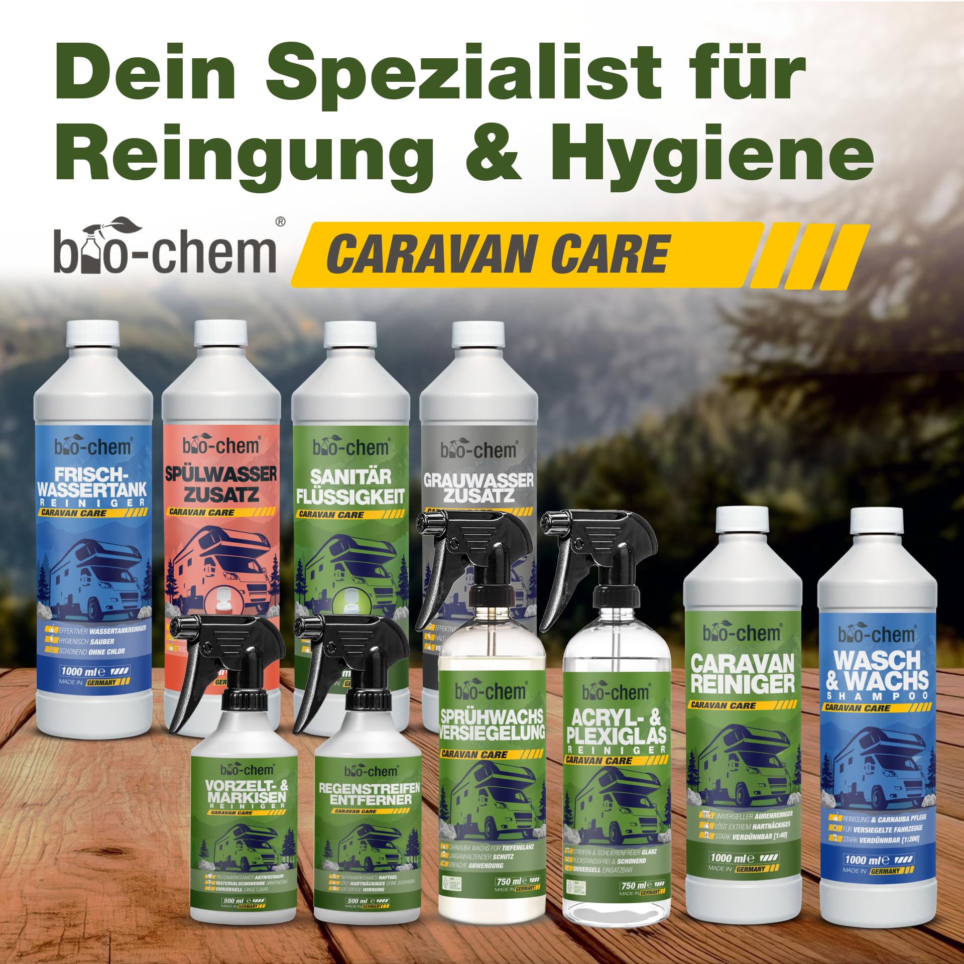 bio-chem Camping Hygiene Zusätze Set 3-teilig | Mit Sanitärflüssigkeit 1L, Frischwassertank-Reiniger 1L und Grauwassertank-Zusatz 1L | Campingtoiletten-Zusätze