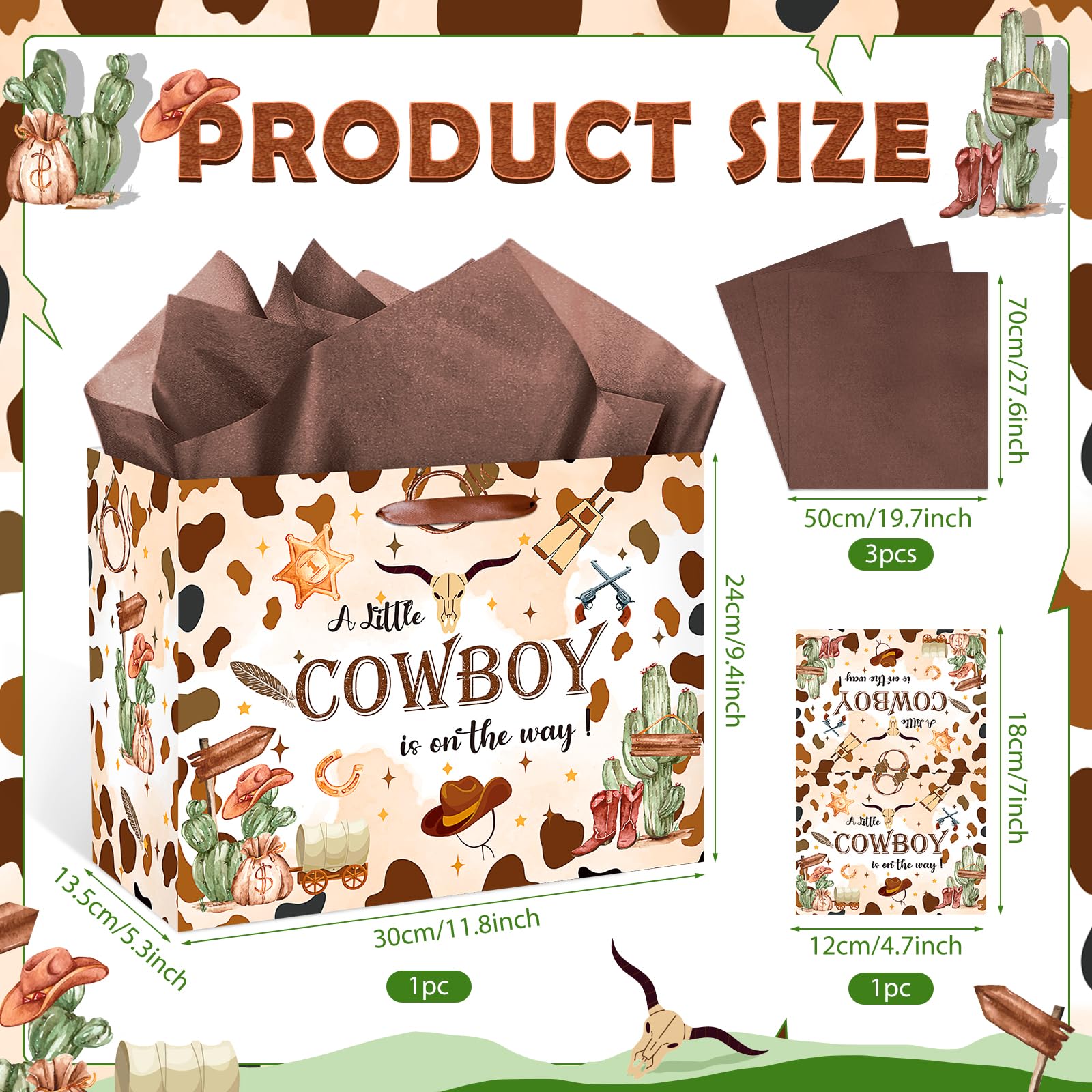 Frakron Cowboy Baby Shower Birthday Gift Bag for Baby Boys A Little Cowboy is On The Way Bag with Wrapping Paper Card Wild West Western Rodeo Gift Bag for Baby Shower Birthday Party Supplies