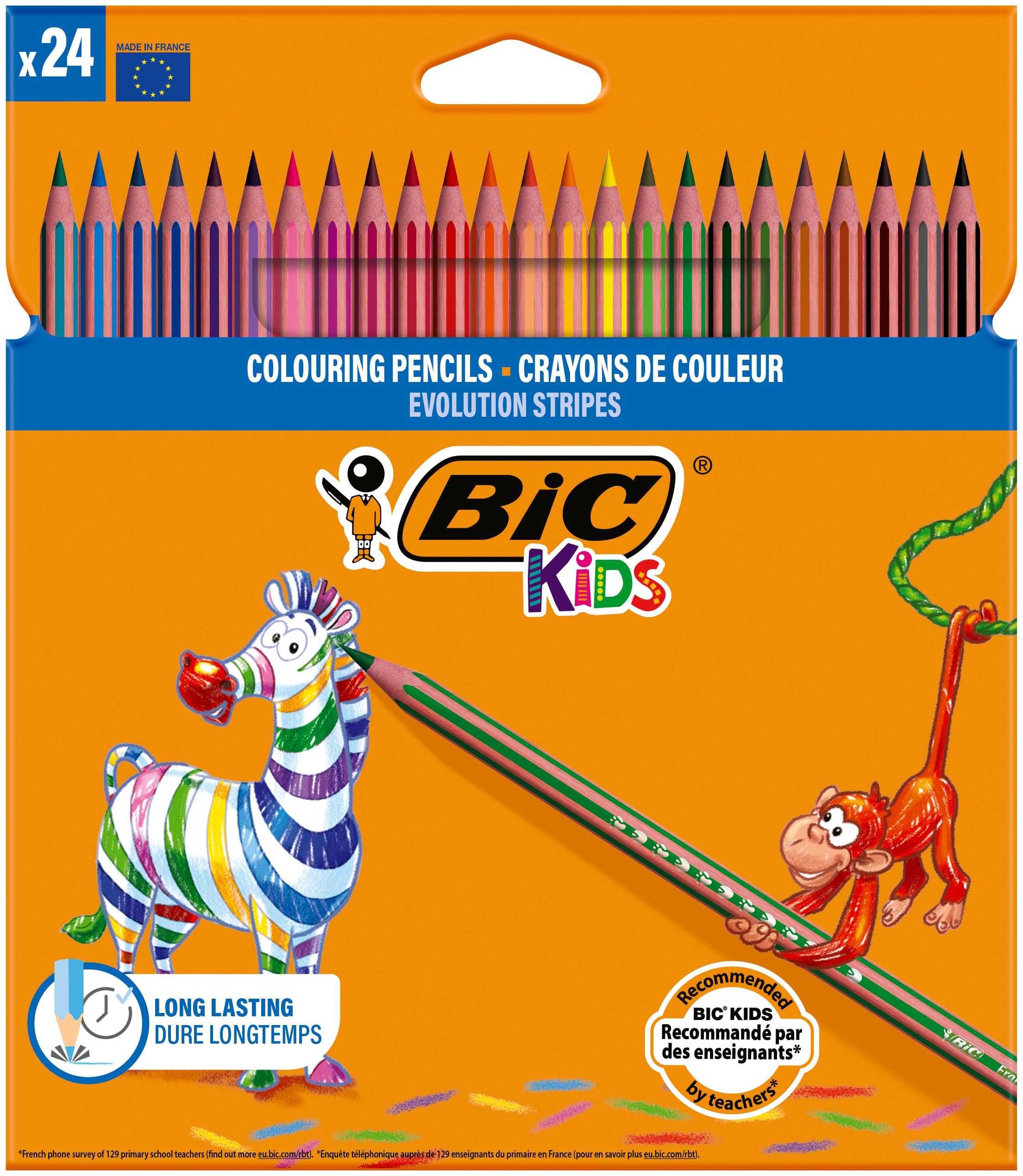 BIC Kids Evolution Stripes Kuru Boya Kalemi, 24'lü Kutu, Kıymık Oluşturmaz, Çiğnemeye Karşı Dayanıklı, Kolay Açılır