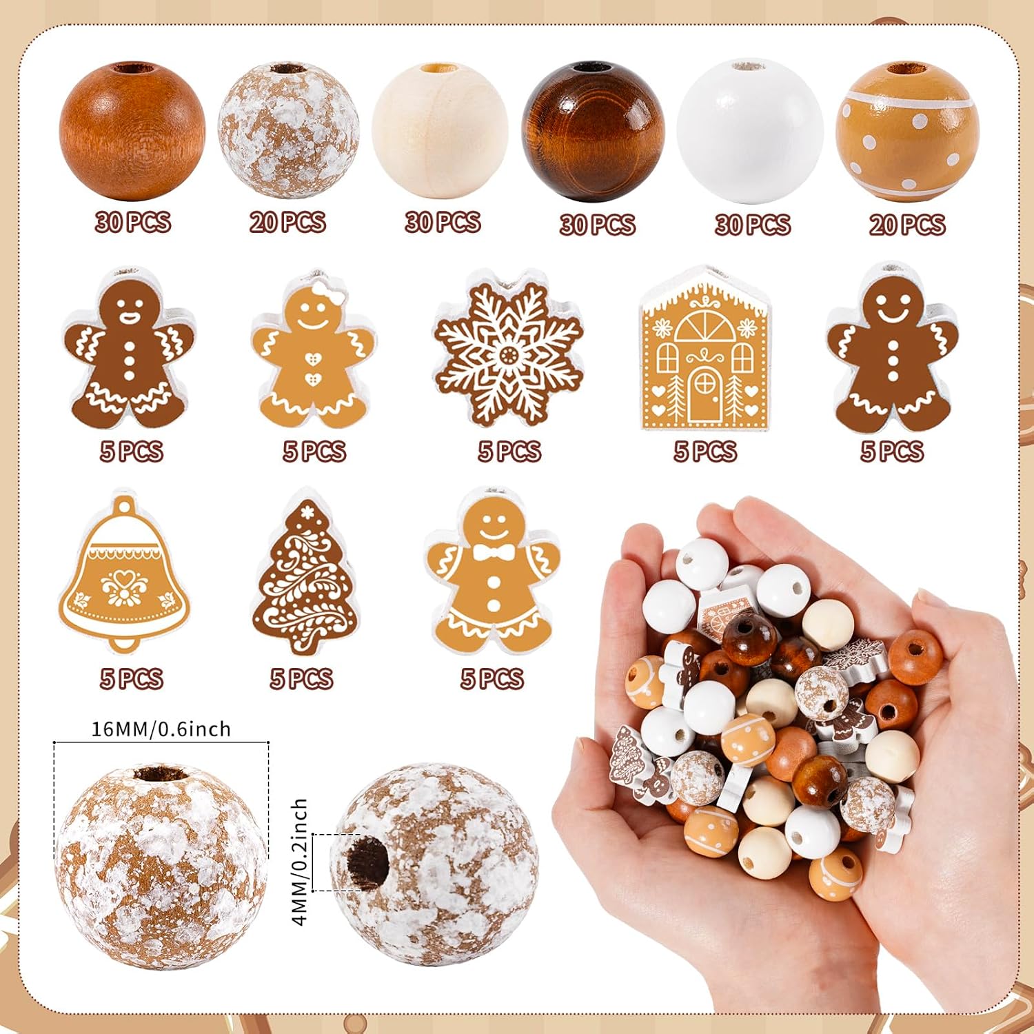 Whaline 200Pcs Christmas Wooden Beads Round Loose Bead Gingerbread Man Snowflake Craft Beads for Xmas Farmhouse Ornament DIY Making Winter Decor - Image 2