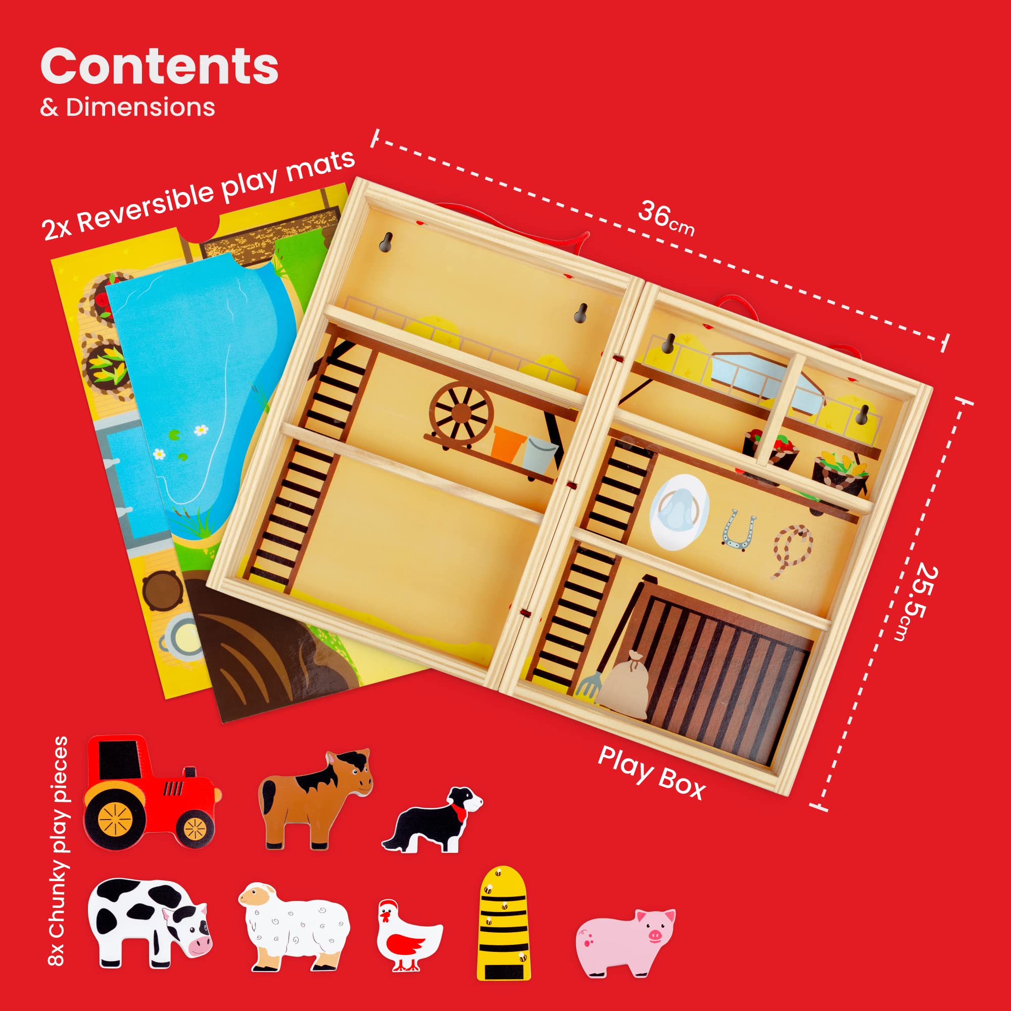 Bigjigs Toys Farm Play Box - Wooden Playset with 5 Farm Animals & 2 Fold-out Play Mats, Portable Toy Farm Wooden Dolls House, Montessori Toys for 18 Months +, Farm Set Roleplay Toy