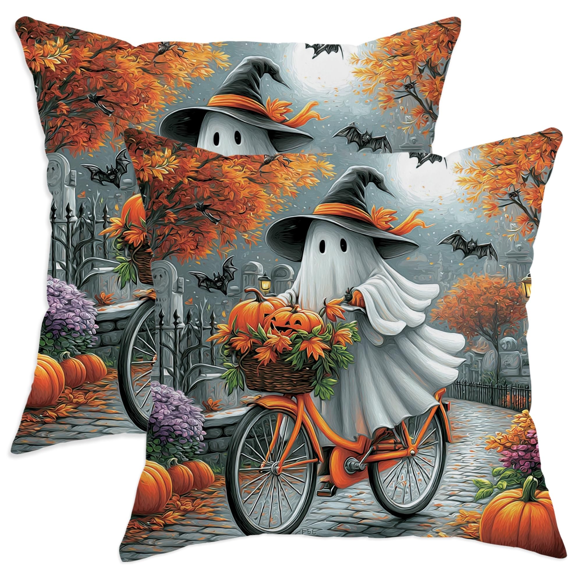 Halloween Throw Pillow Covers Set of 2, Ghost and Pumpkin Pattern Cushion Cases, Autumn Decorative Square Home Decor for Sofa Couch 16x16 Inch