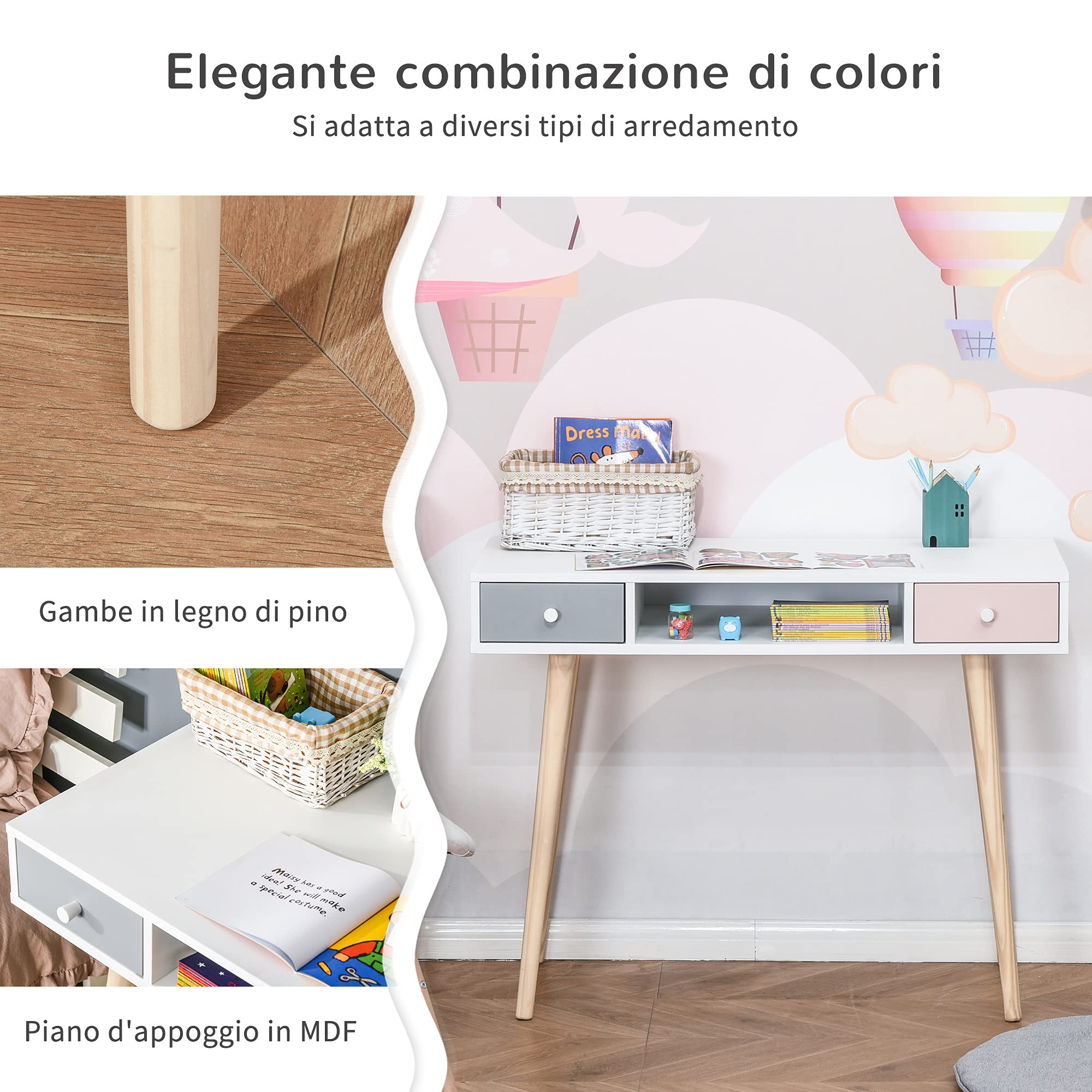 HOMCOM Scrivania per Bambini con Cassetti per Cameretta, Legno di Pino e MDF, 100x48x76.5cm, Bianco Rosa e Grigio
