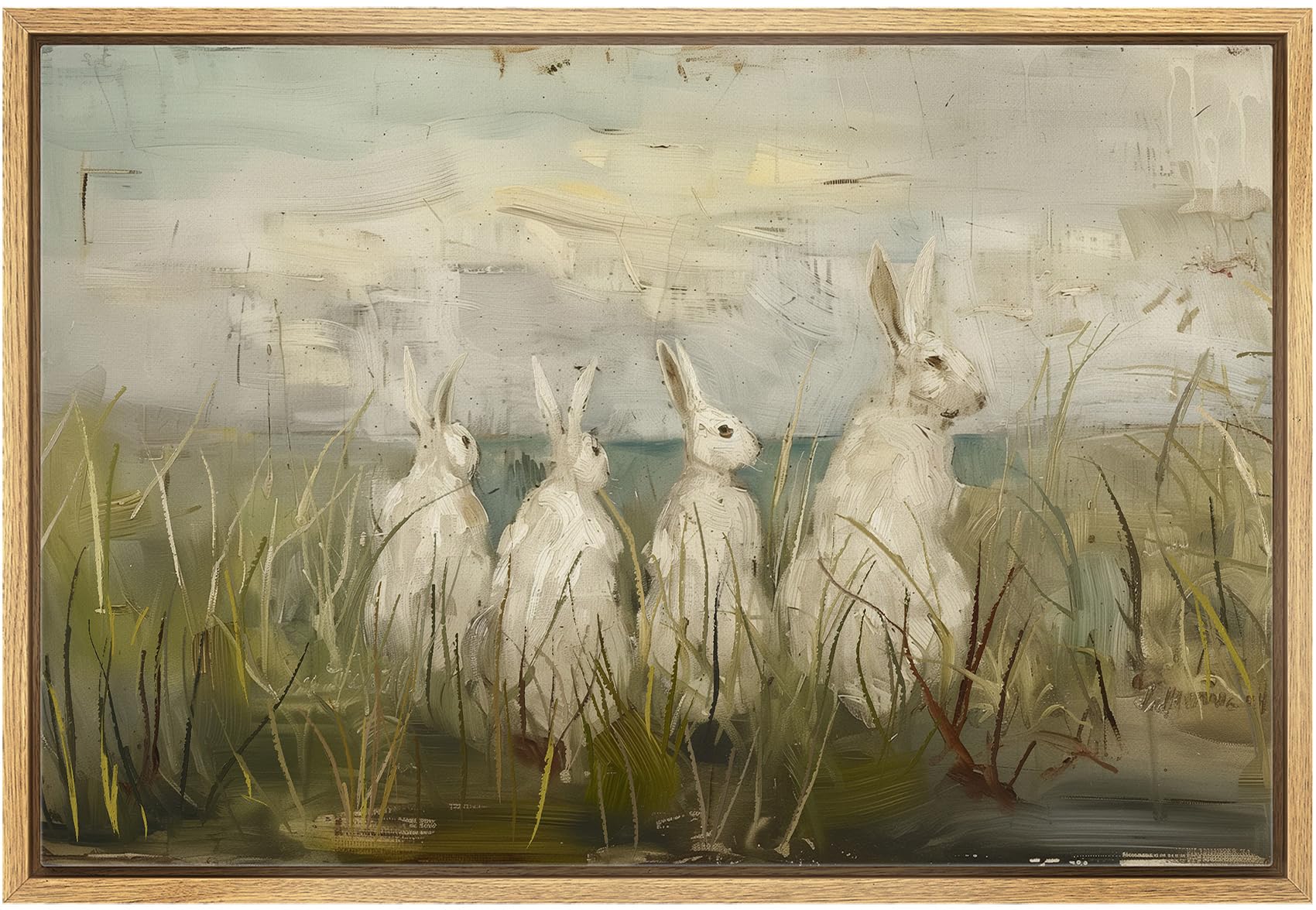 MUDECOR Framed Canvas Print Wall Art Whimsical White Rabbits in Grassland Soft Pastel Landscape Illustrations Realism Decorative Panoramic Earth for