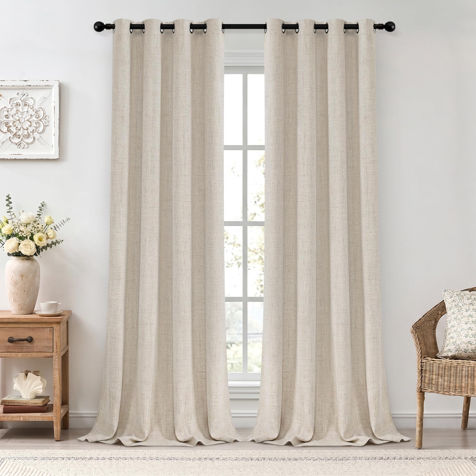 XiDi Cream Living Room Curtains 120 inch, 100% Blackout Linen Look Thermal Insulated Eyelet Window Drapes with Coating 2 Panels Cream52/120