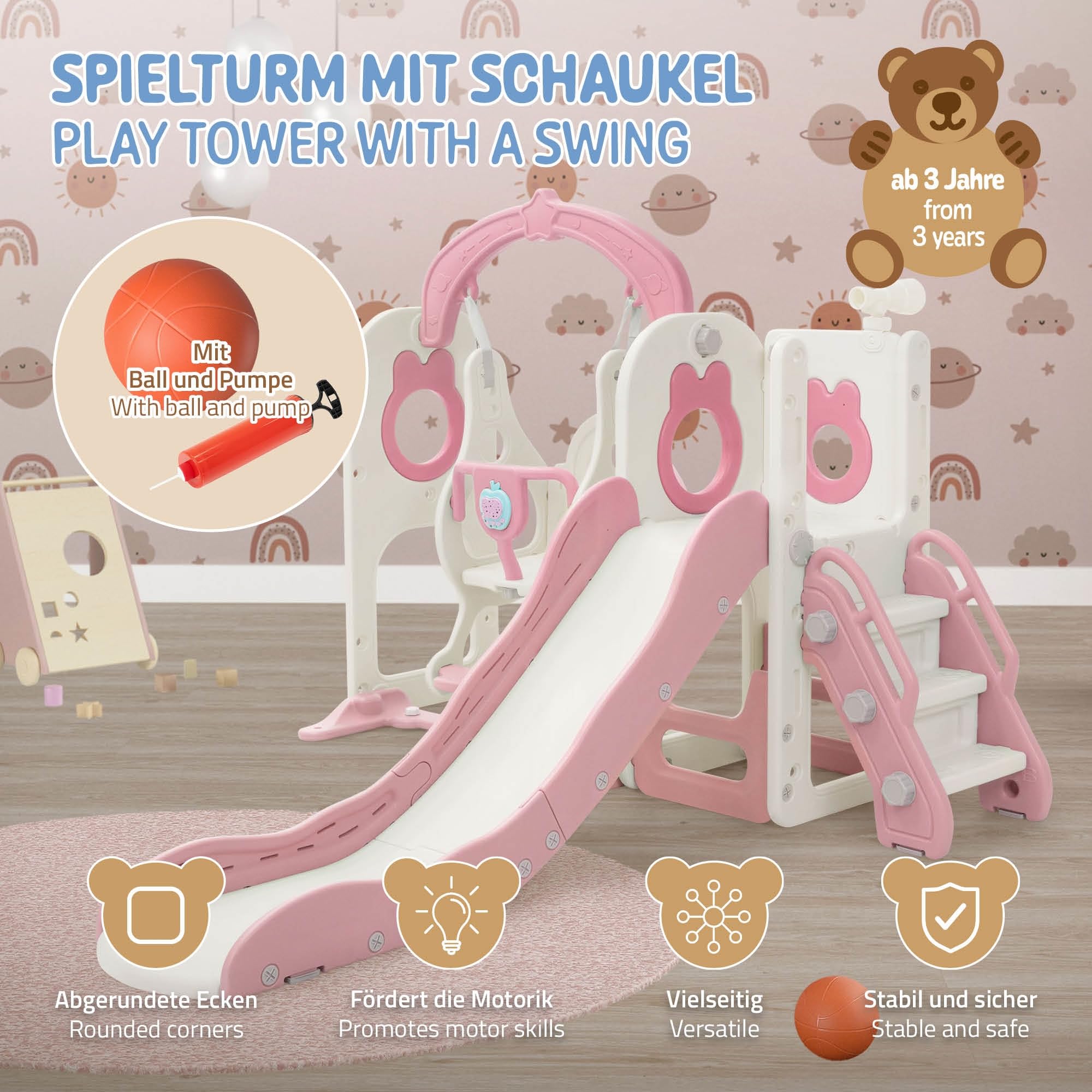 Joyz Scivolo e Altalena per Bambini 5 in 1, Parco Giochi Interno ed Esterno, con Scala da Arrampicata, Canestro da Basket e Telescopio, Centro Attività, Set da Gioco con Scivolo Rosa/Bianco da 3 Anni