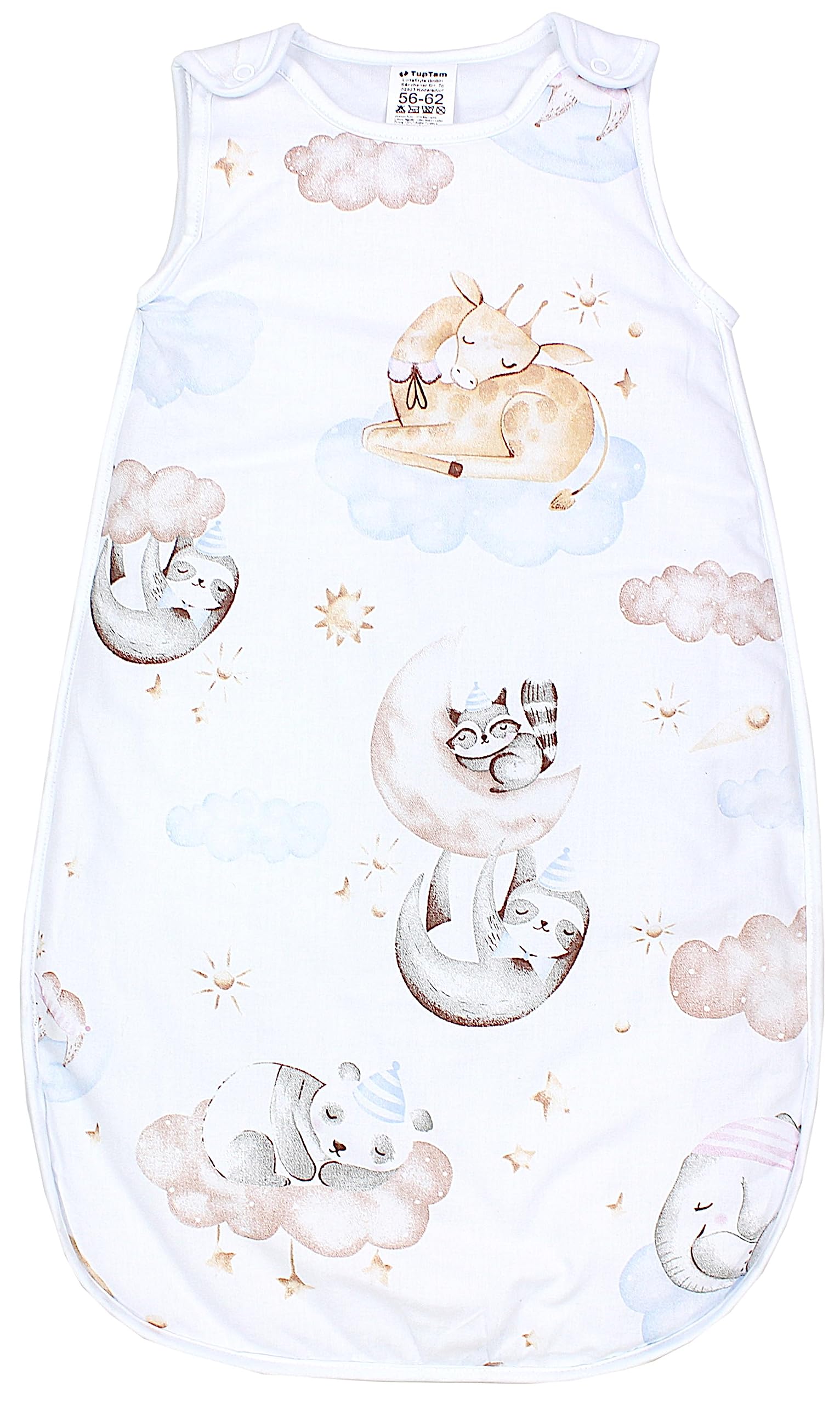 TupTam Schlafsack Baby 2.5 TOG – OEKO-TEX Ganzjahresschlafsack Kinder mit Seitlichem Reißverschluss, Ärmellos, Farbe: Tiere auf Wolken, Größe: 56-62
