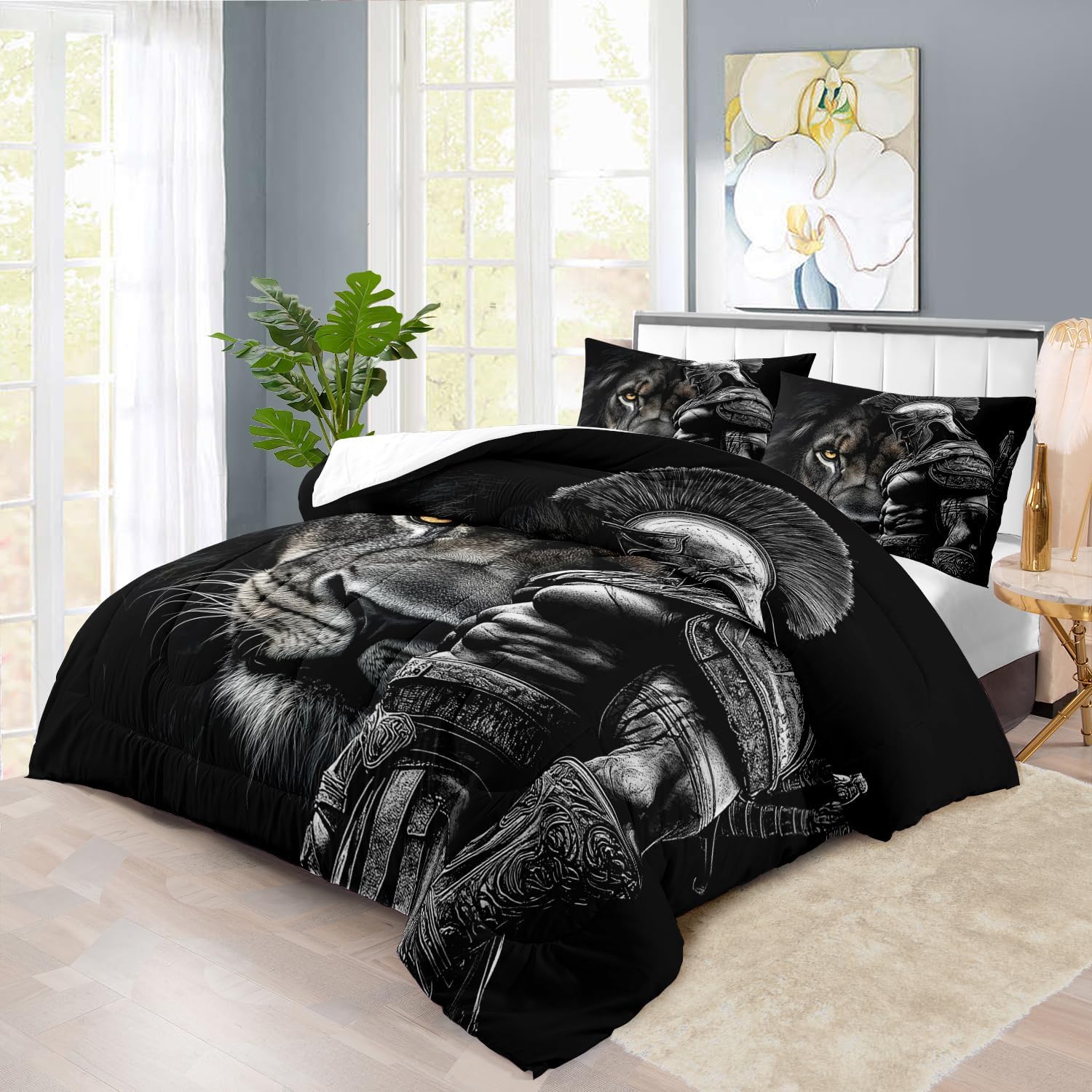 Black Lion Comforter Set Queen Boys Medieval Knight Bedding Set for Teens Animal Comforter Queen Man Quilt Lion Bedroom Decor Medieval Bedding Tiger Bed Decor