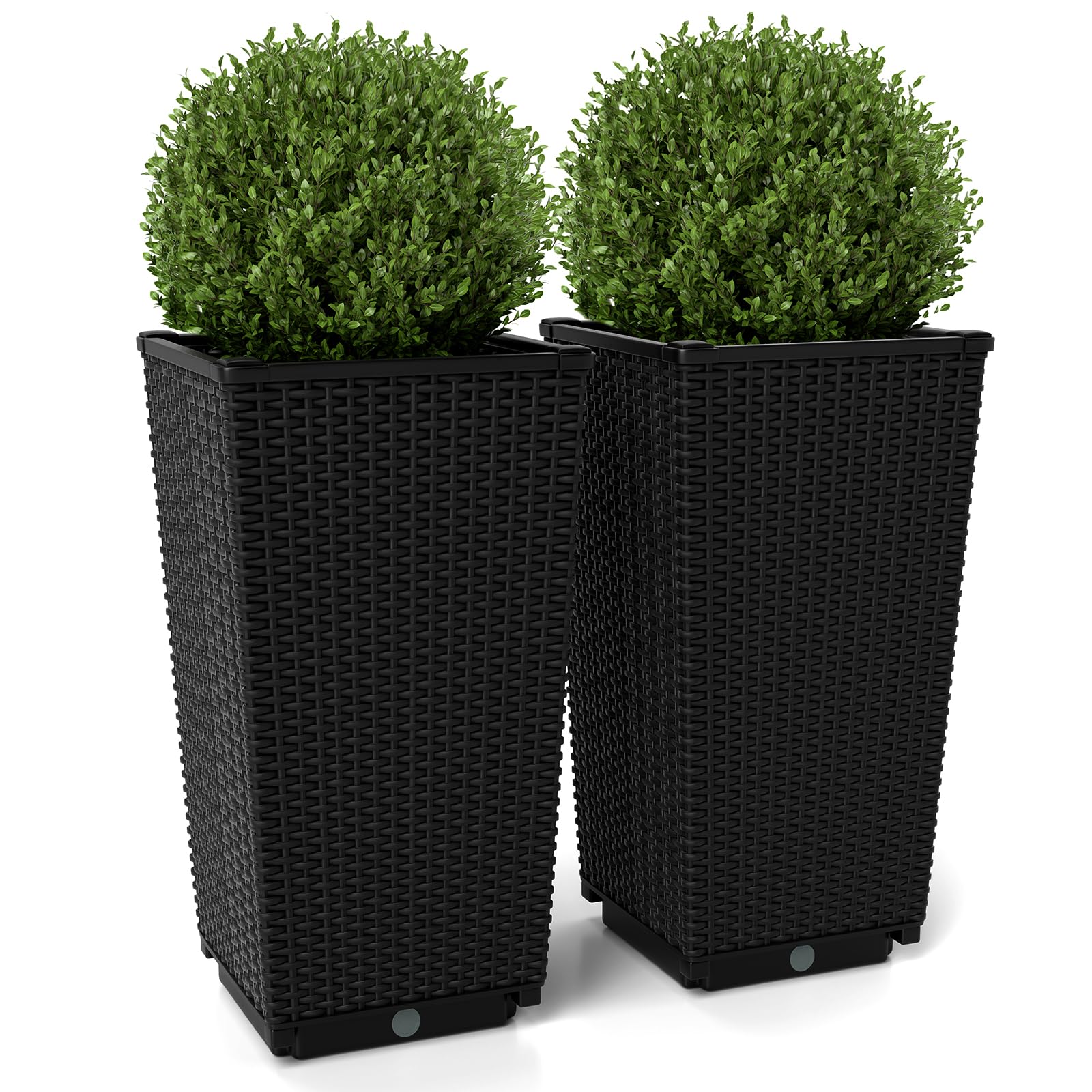 Giantex Set of 2 Outdoor Wicker Flower Pot, 23 Inch Tall Planters with Drainage Hole, Self-Watering Tray, Rattan Flower Pots, Indoor Outdoor Decoration for Front Porch Balcony Entryway (Black)