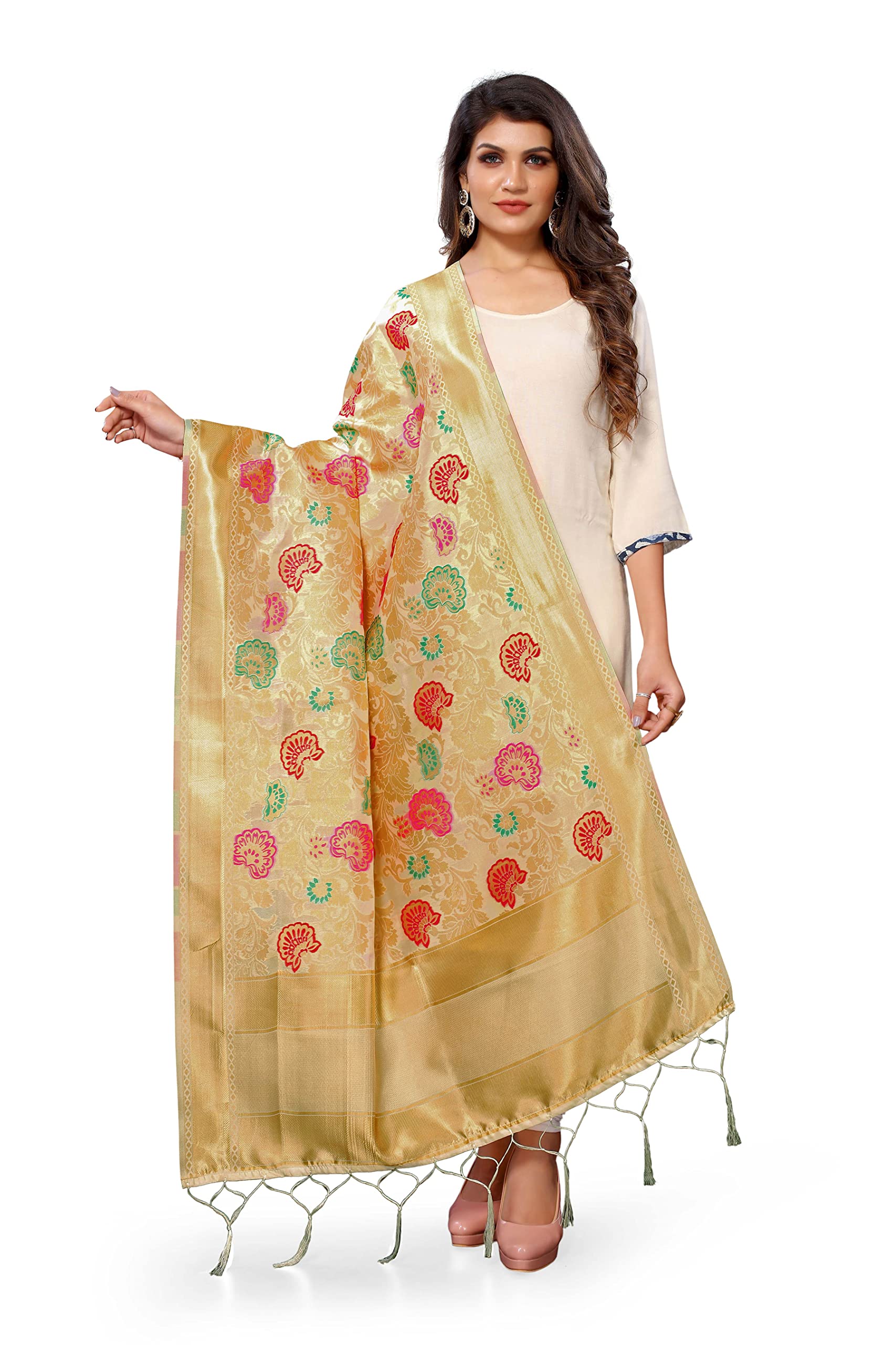 Jaanvi fashionWomen's Bandhani Floral Woven Silk Dupatta With Zari Work