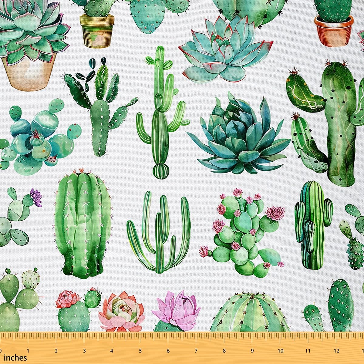 Feelyou Cactus Fabric by The Yard, Boho Succulent Upholstery Fabric for Chairs Sofa Couch, Watercolor Botanical Exotic Plants Outdoor Fabric Waterproof, 3 Yards, Green White