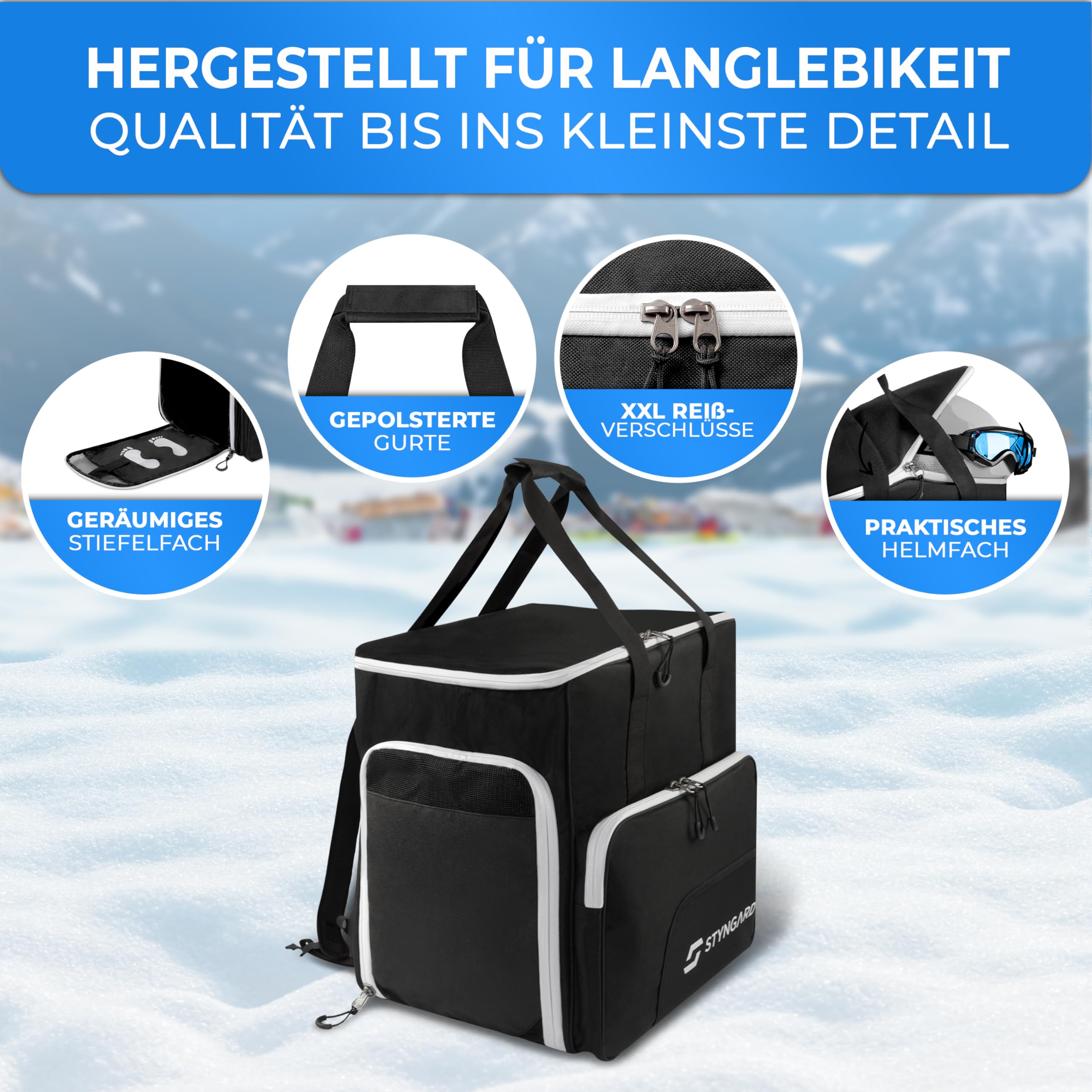 STYNGARD Skischuhtasche mit Helmfach und belüftetem Stiefelfach [54 L] - Ski Stiefeltasche mit Rucksackfunktion und Stauraum für Skizubehör - Tasche für Skischuhe Modell SÖLDEN