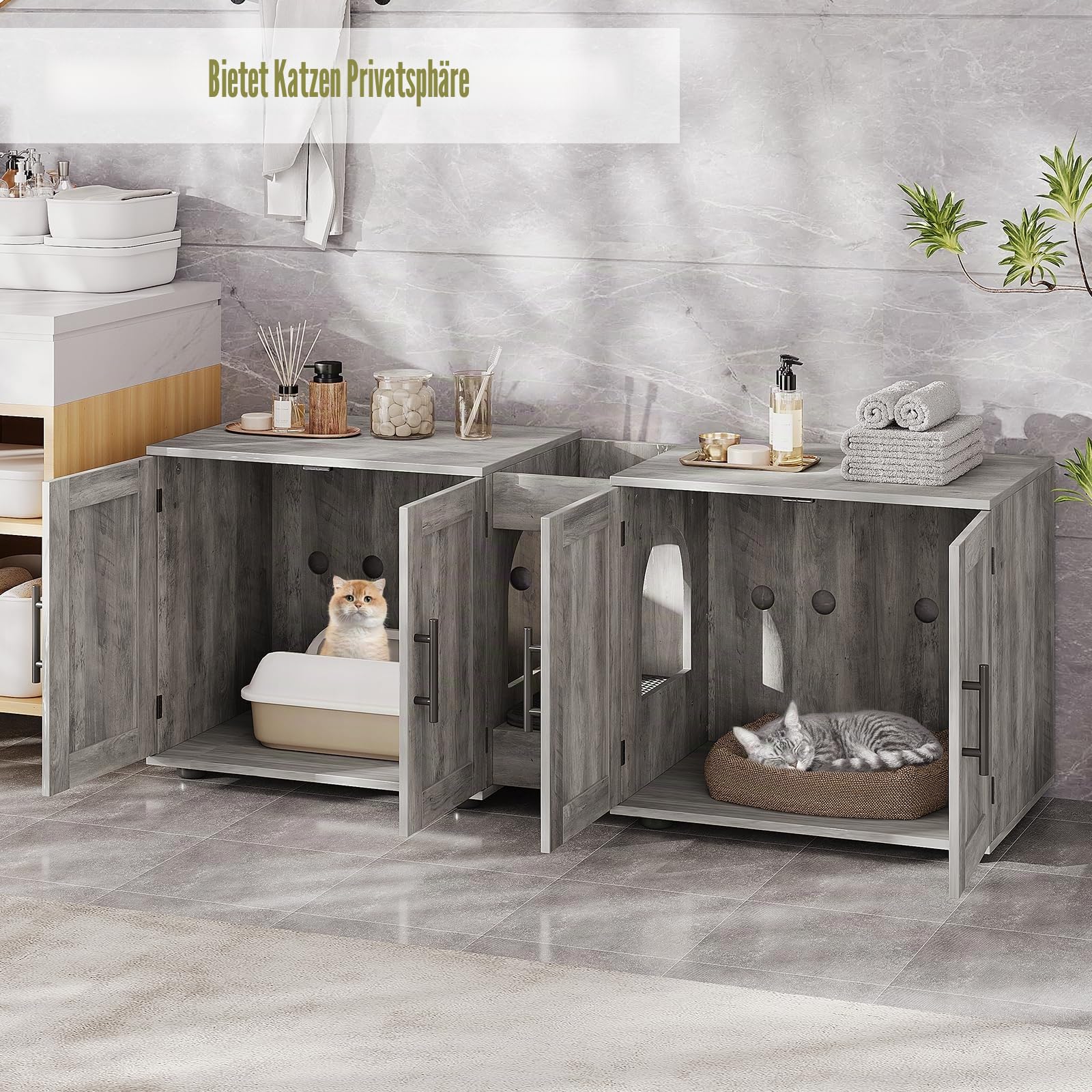 Katzenklo-Schrank, Katzenschrank, 3 in 1 Versteckter Katzentoilette Mit Tür Trennwand Kratzmatte, Katzenhaus Für Große Katzen Unter 10 kg, MDF, Wohnzimmer, Schlafzimmer, 140x45x57cm, Grau
