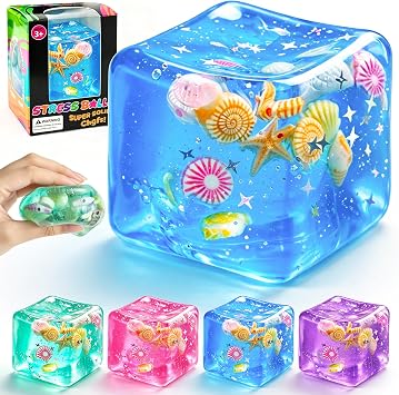 1Pc Ice Cube Squishy Stress Balls,Slow Rising Sensory Fidget Toy with Marine Shells Inside Square Soft Sensory Anxiety Relief Squeeze Cube for Adults Teens KidsBlue