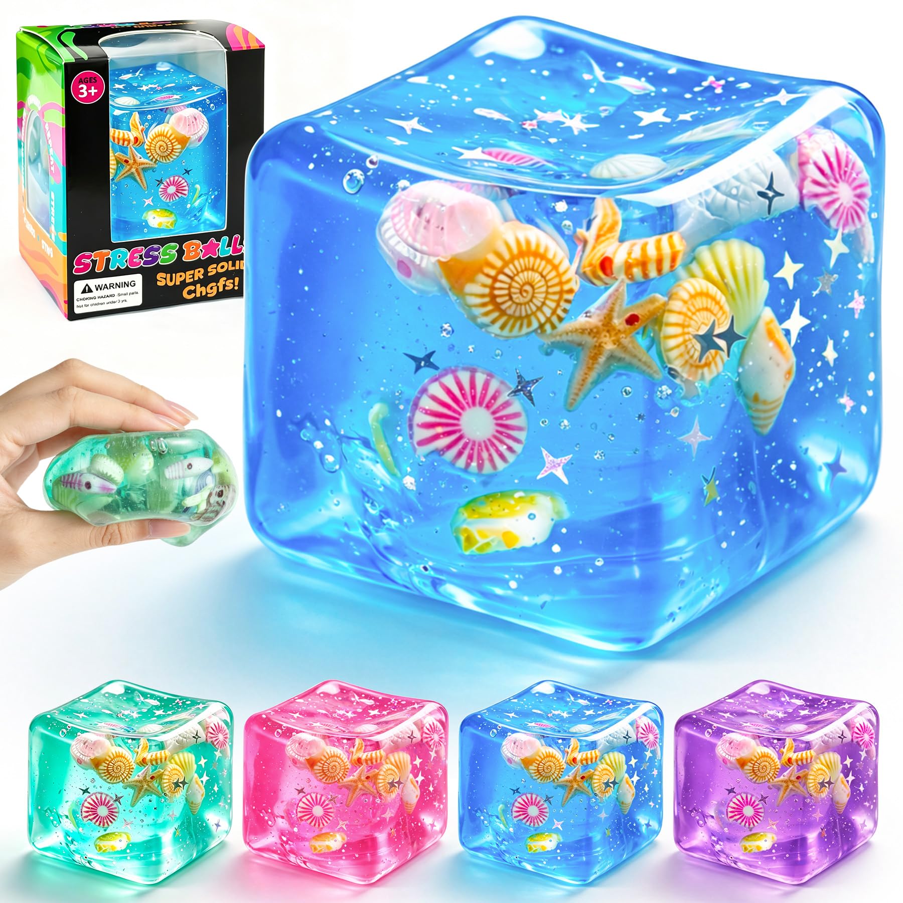 Photo 1 of 1Pc Ice Cube Squishy Stress Balls,Slow Rising Sensory Fidget Toy with Marine Shells Inside Square Soft Sensory Anxiety Relief Squeeze Cube for Adults Teens Kids(Blue)