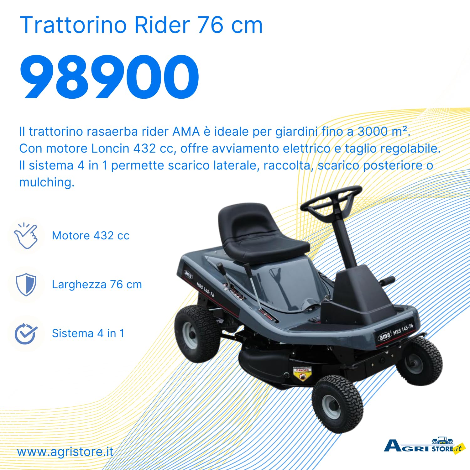Ama Trattorino rasaerba MRS 145-76: Trattorino tagliaerba con motore 4 tempi Loncin OHV monocilindrico 432 cc, Per giardini di piccole e medie dimensioni, Multifunzionale