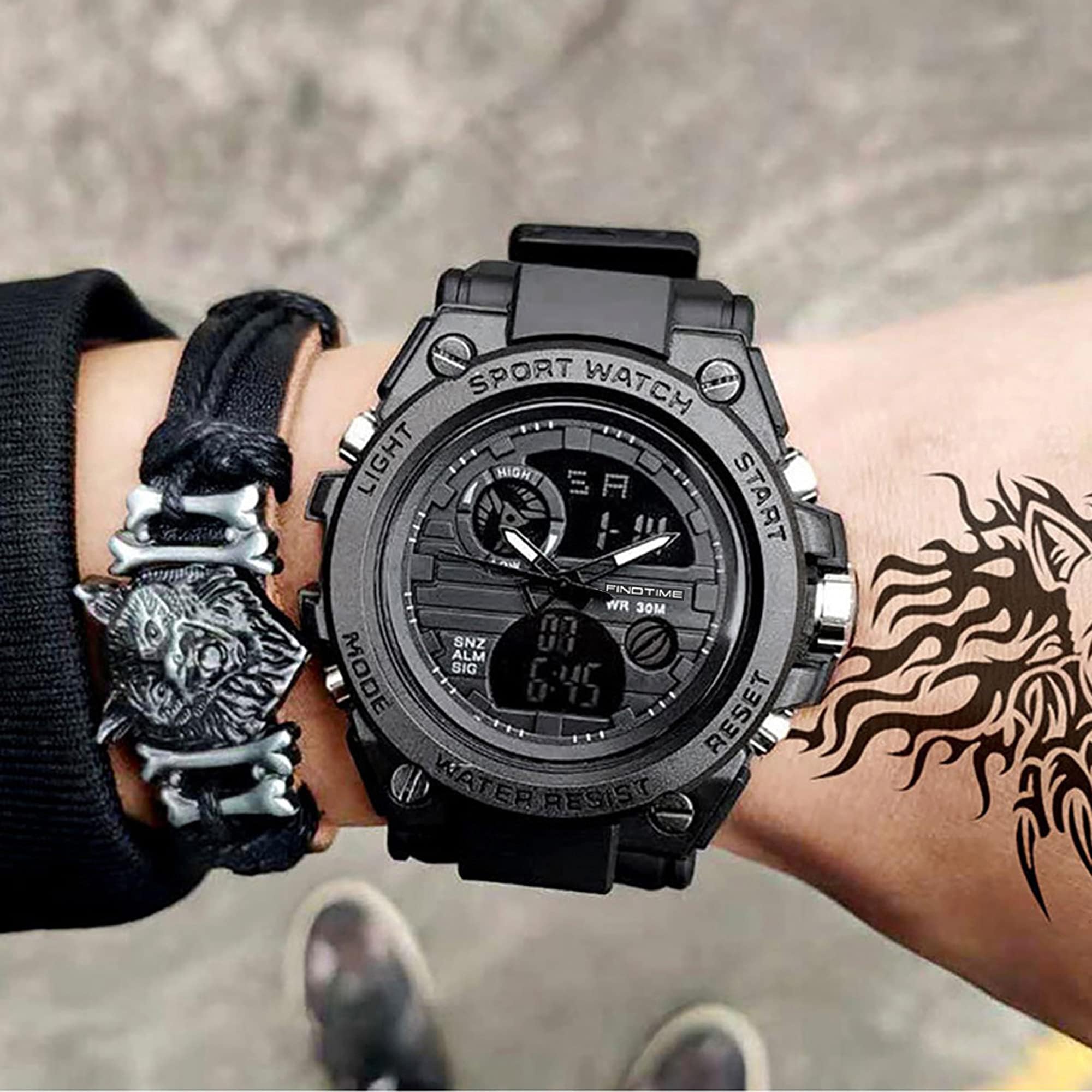 Orologio militare tattico sportivo da uomo, cronometro, quadrante grande, sveglia, doppio display ora, retroilluminazione, orologio da polso impermeabile per esterno, Nero , Cinghia