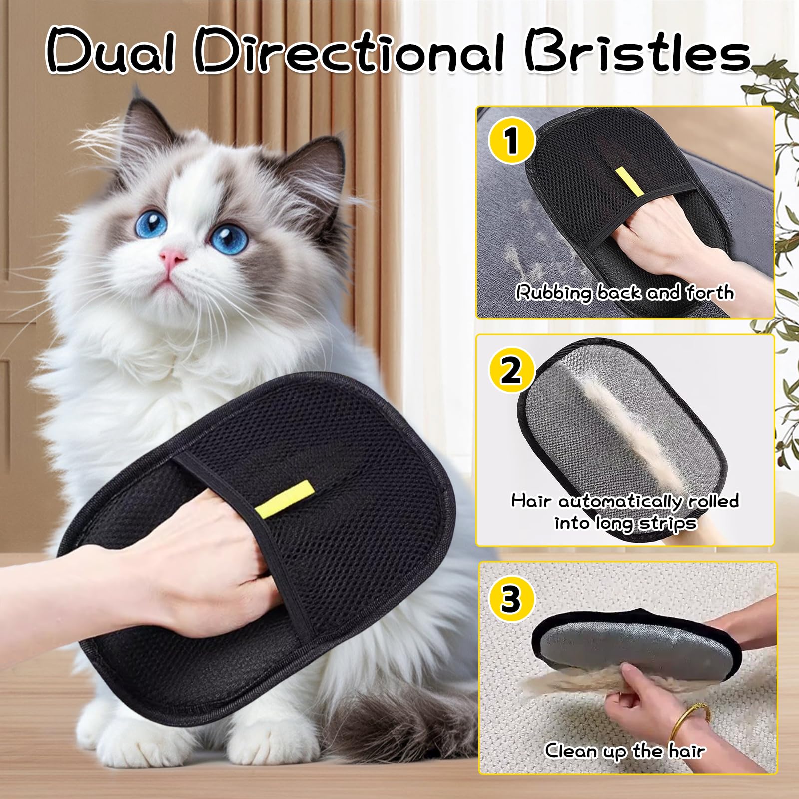 WiseJoy 3 Pack Pet Hair Removal Gloves, Double Sided Cat Grooming Glove Static Removal Gloves Pet hair,Reusable And Versatile Cleaning For Dogs & Cats, Deshedding, Hairdressing, Breathable - Image 4
