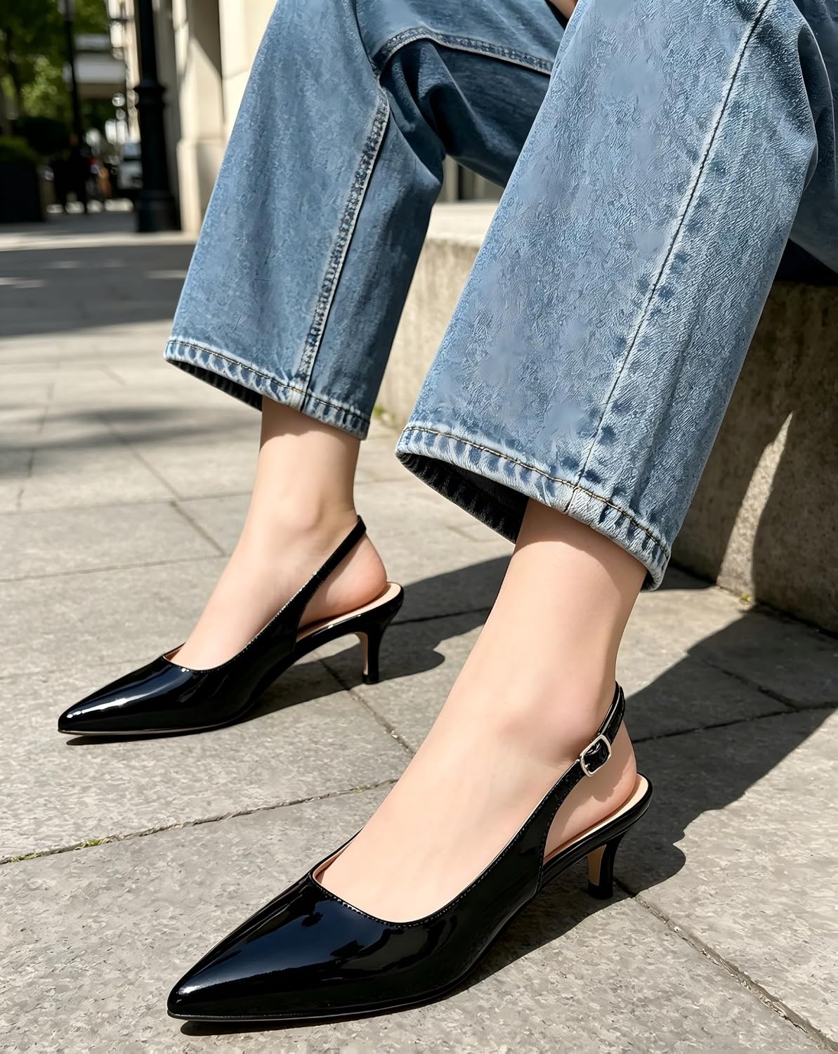 GENSHUO Low Kitten Heels Women's Slingback Dressy Pumps Pointed Closed Toe Ankle Strap Elegant Wedding Pumps Formal Comfortable Shoes
