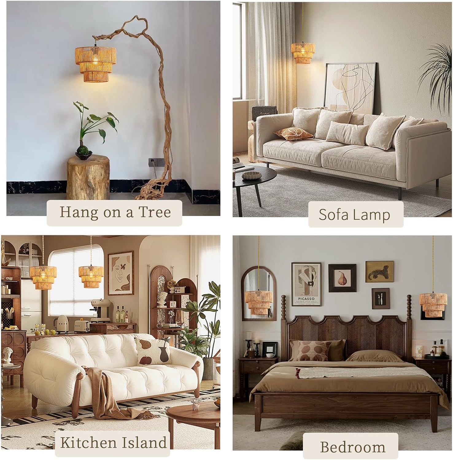 with Plug in Long Cord Boho Rattan dimmable Llights, Farmhouse Vintage Pendant Wicker Woven Adjustable Small Lamp-1 Pcs Cake Shape 11" H9