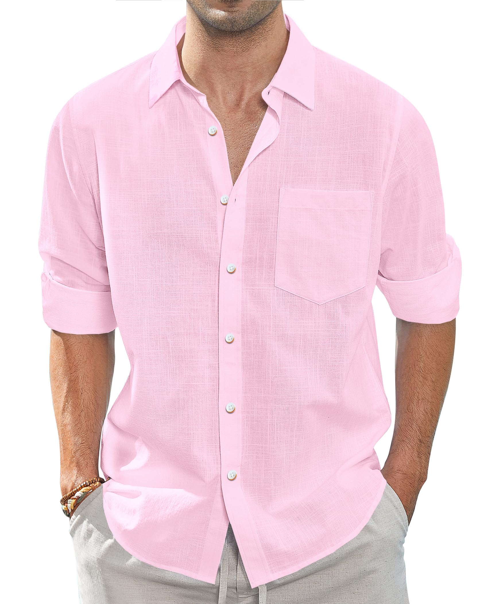 J.VER Leinenhemd Herren Langarm Leichtes Sommerhemd Einfarbig Business Freizeithemd Party Club Reisen Alltägliche Leinen Shirt mit Taschen