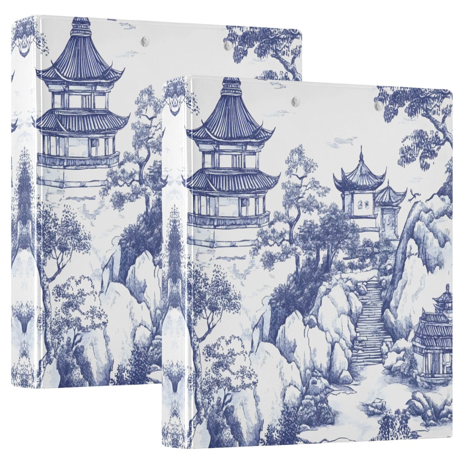 Confezione da 2 raccoglitori ad anelli da 3,8 cm, disegnati a mano con paesaggio asiatico antico, blu, con clip in metallo antiscivolo, per scuola, ufficio, casa