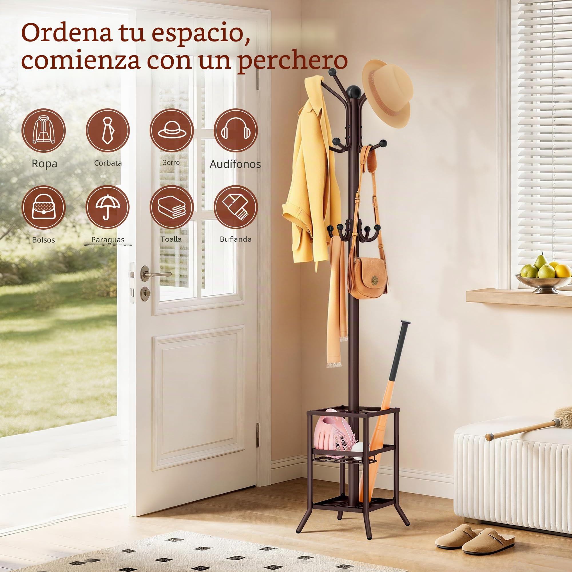 FAVOOSTY Perchero de Pie con Paragüero, Perchero con 12 Ganchos, Sala de Estar 185 cm de Alto, Perchero de Pie, para Salón, Dormitorio
