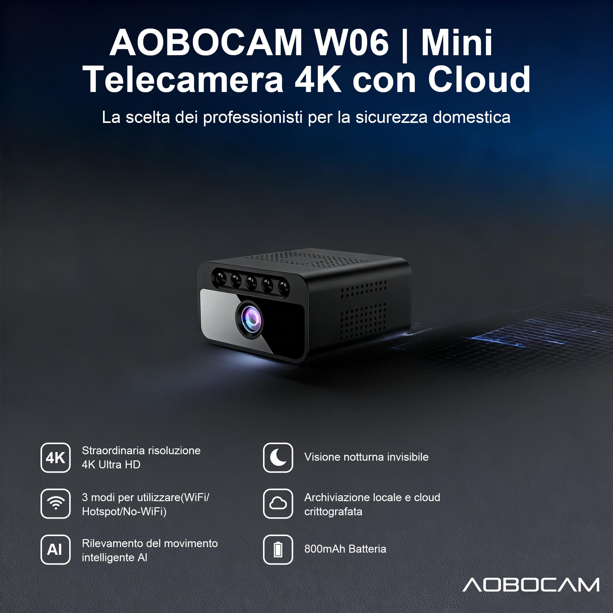 AOBOCAM Mini Telecamera WiFi Interna 4K UHD Videocamera Sorveglianza con Visione Notturna, 5 Ore Autonomia, Notifiche Movimento Istantanee, Doppia Memoria SD/Cloud, Controllo Remoto Con App (S)